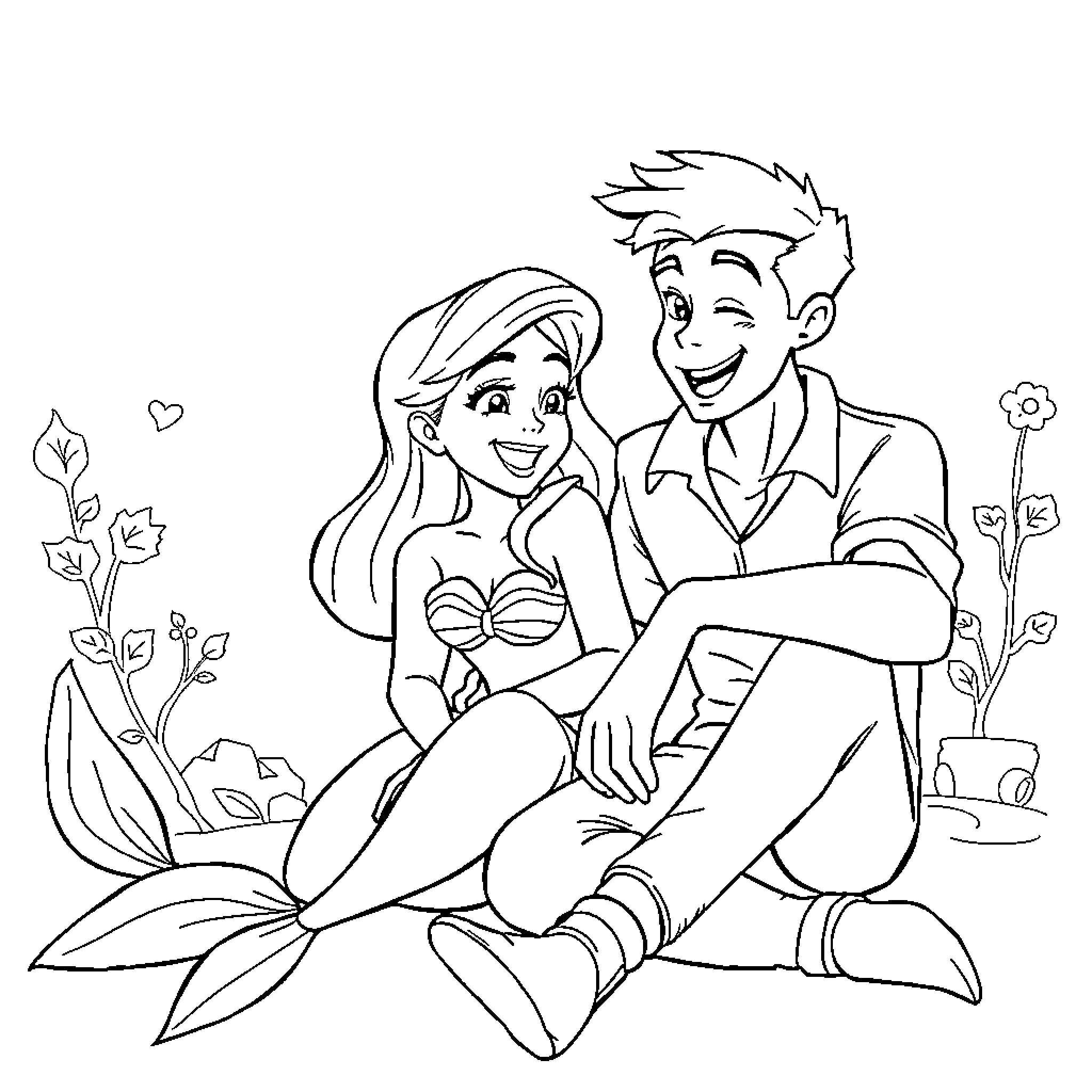Ariel and Prince Eric enjoying a romantic moment Coloring Page (free black-and-white line drawing printable PDF for all, from beginners to advanced learners, including children, teens, adults, and seniors)