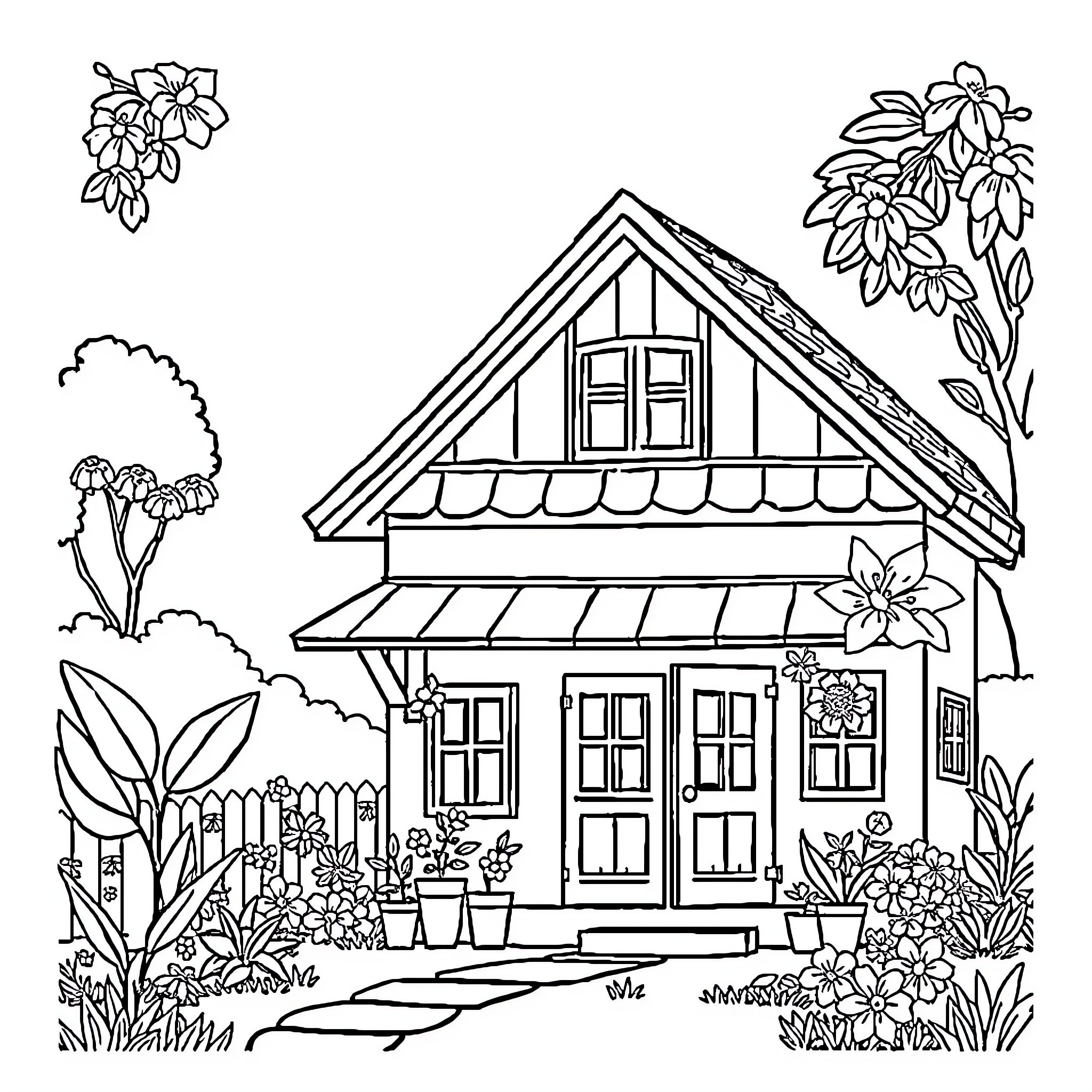 House with floral decorations in the garden Coloring Page (free black-and-white line drawing printable PDF for all, from beginners to advanced learners, including children, teens, adults, and seniors)