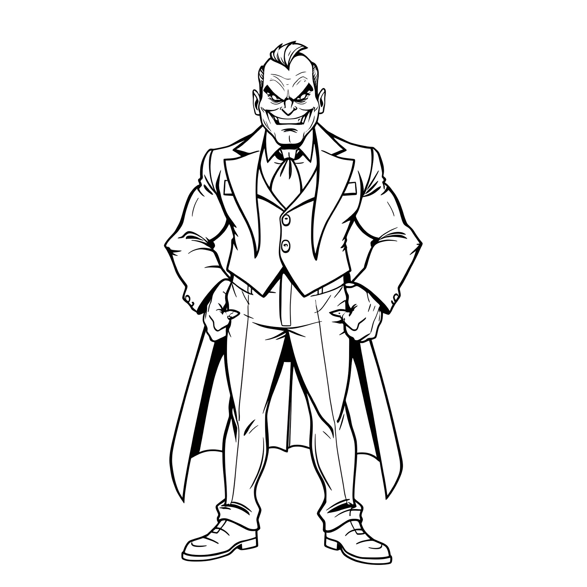Riddler in a Menacing Suit and Pose Coloring Page (free black-and-white line drawing printable PDF for all, from beginners to advanced learners, including children, teens, adults, and seniors)