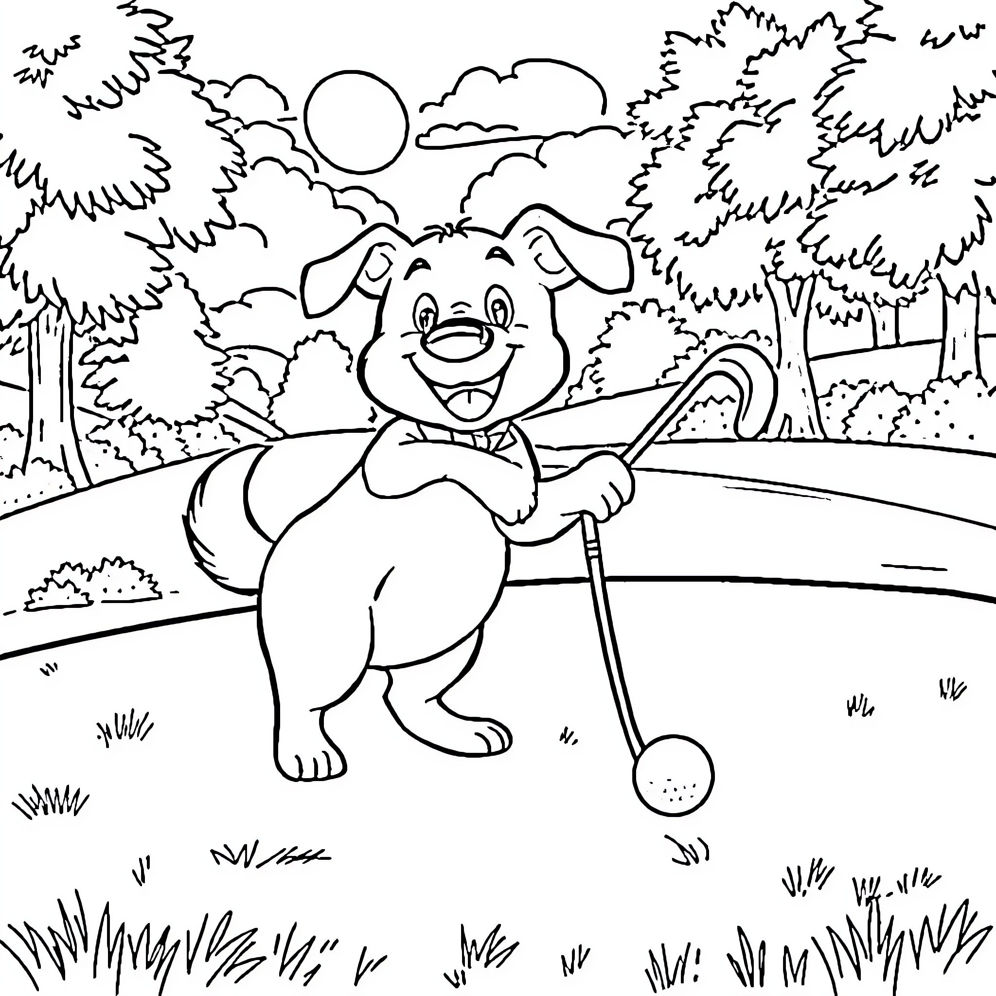 Dog enjoying a game of golf outdoors Coloring Page (free black-and-white line drawing printable PDF for all, from beginners to advanced learners, including children, teens, adults, and seniors)