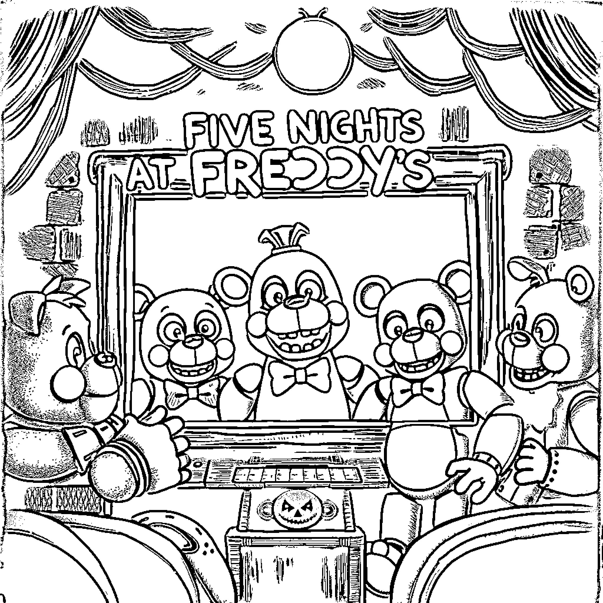 Five Nights At Freddy's Cartoon Characters on Stage Coloring Page (free black-and-white line drawing printable PDF for all, from beginners to advanced learners, including children, teens, adults, and seniors)