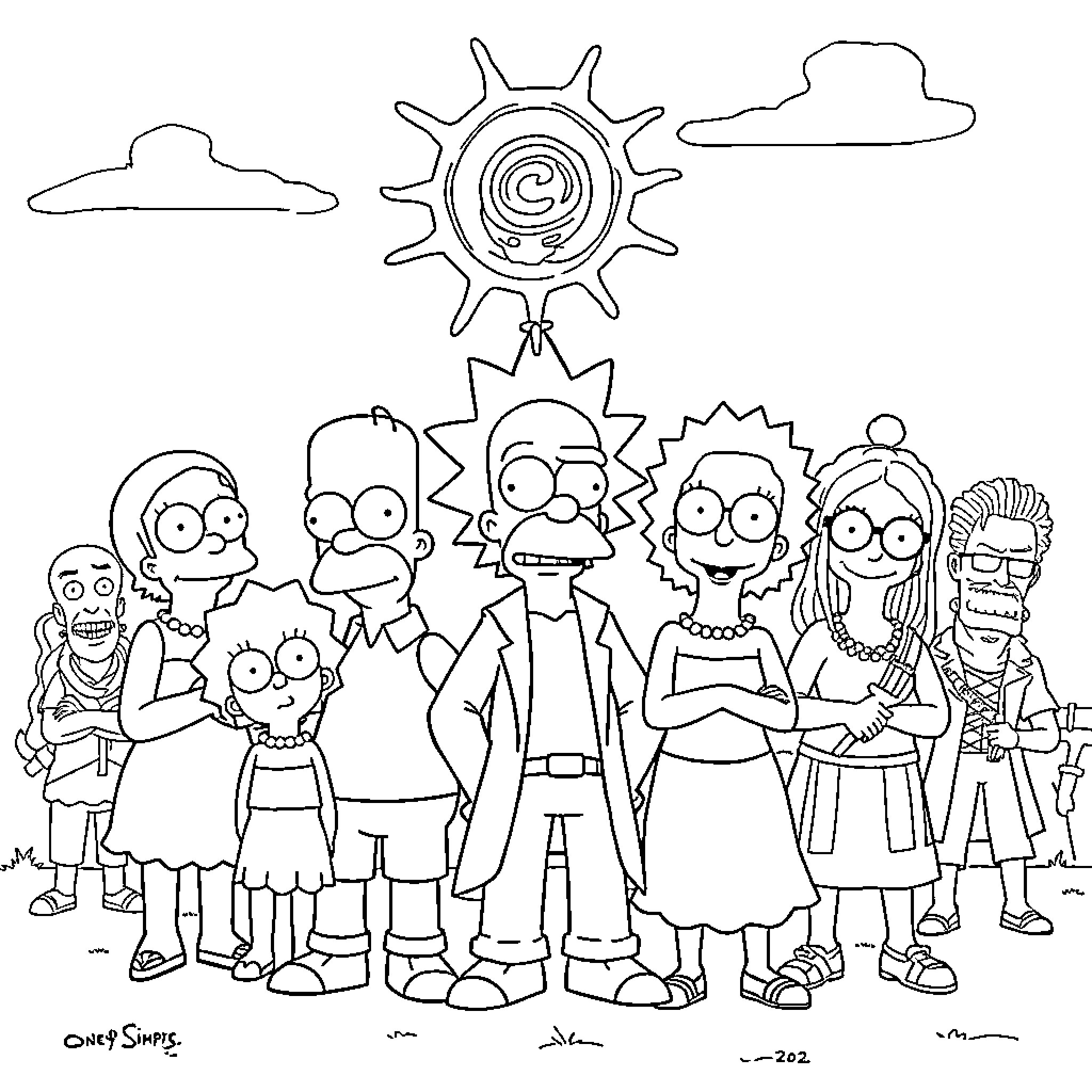 Character Family portrait in a cartoon style Coloring Page (free black-and-white line drawing printable PDF for all, from beginners to advanced learners, including children, teens, adults, and seniors)