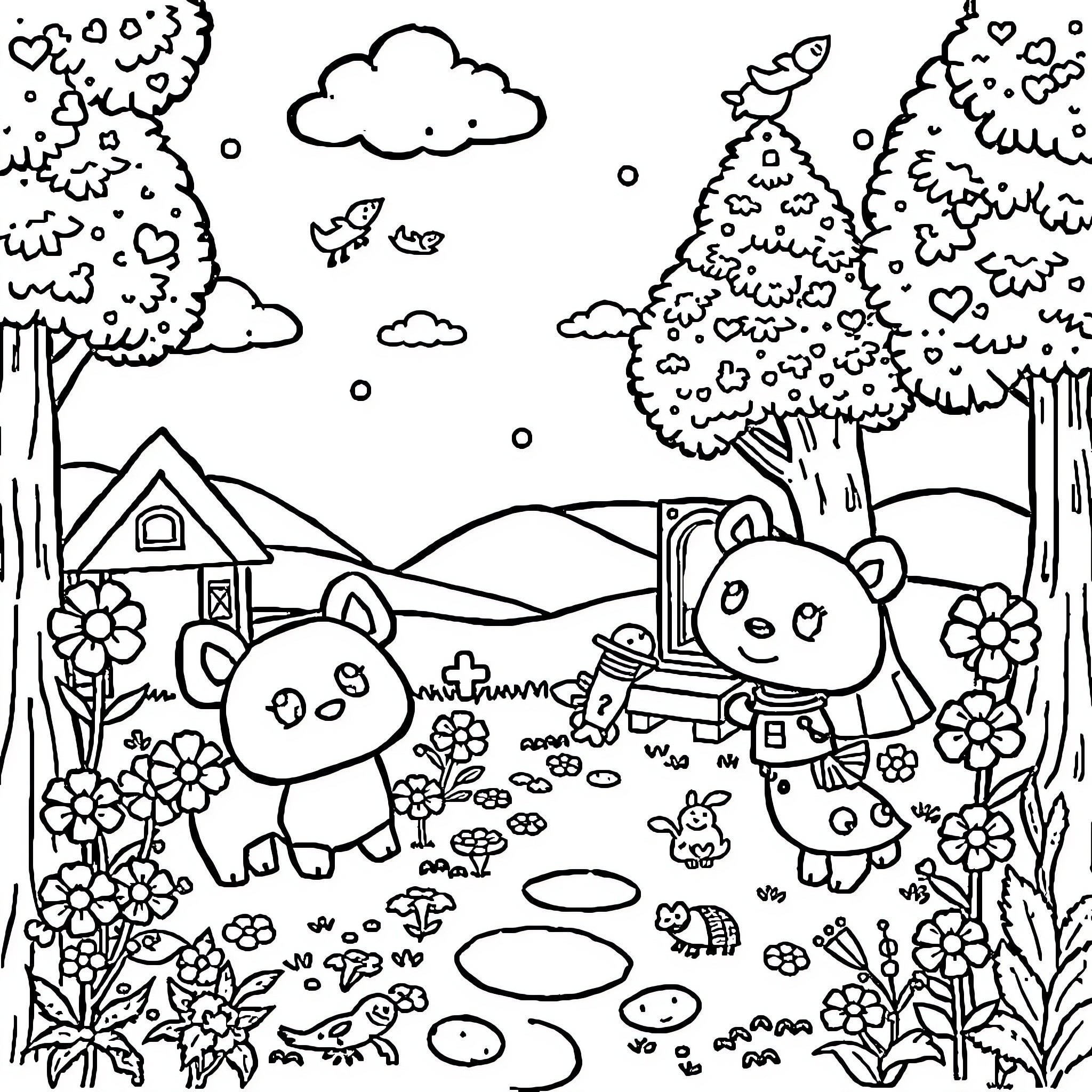 Animal Crossing: Characters Enjoying Nature's Wonders Coloring Page (free black-and-white line drawing printable PDF for all, from beginners to advanced learners, including children, teens, adults, and seniors)