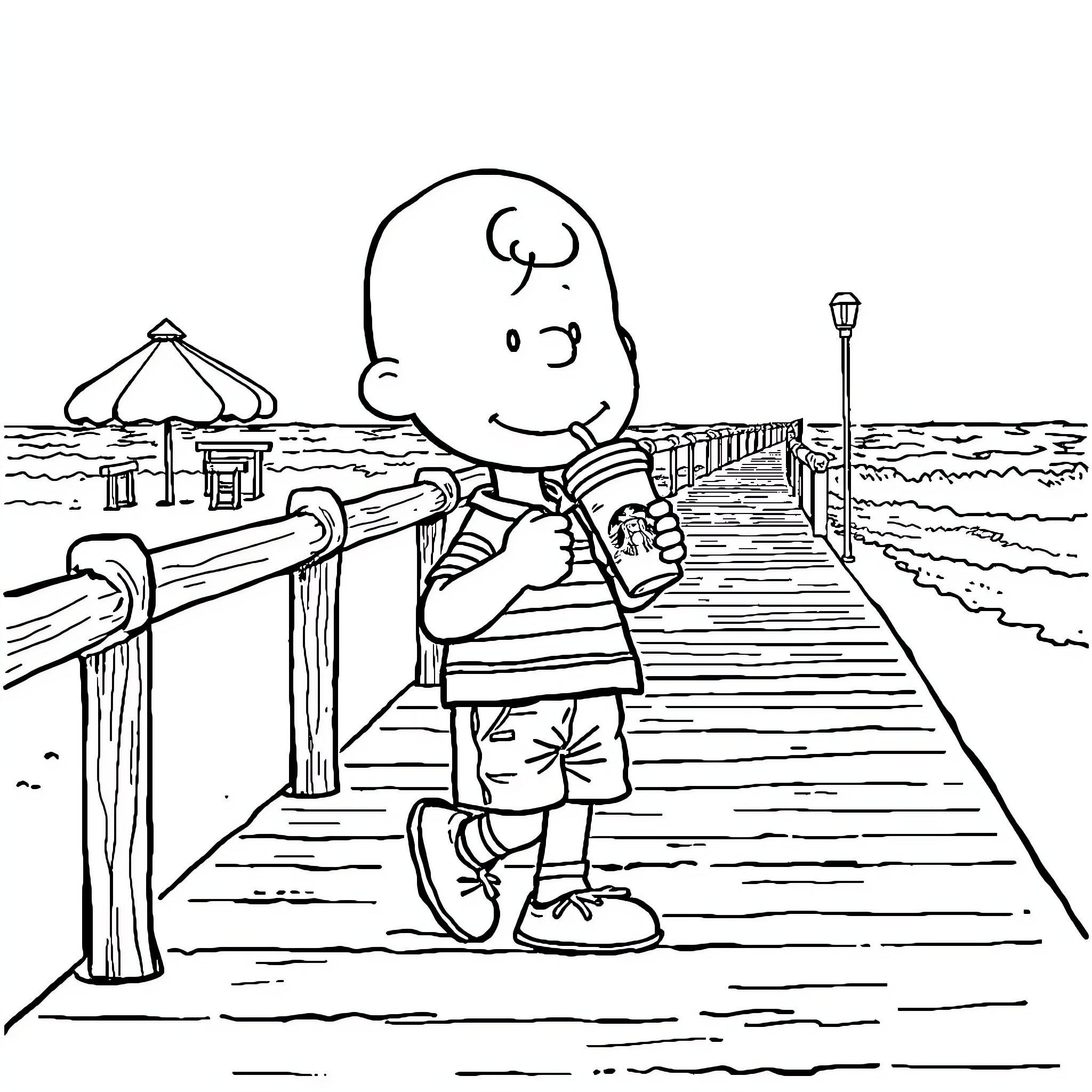 Charlie Brown enjoying a snack on the dock Coloring Page (free black-and-white line drawing printable PDF for all, from beginners to advanced learners, including children, teens, adults, and seniors)