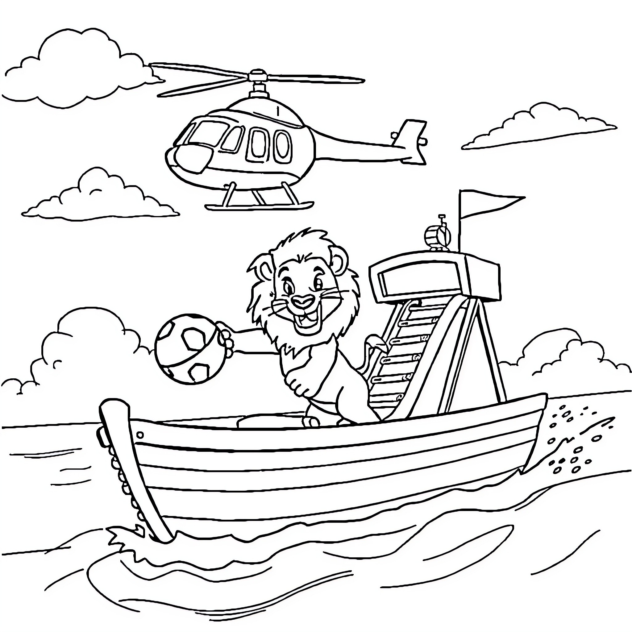 Lion Playing with Ball on Boat in the Sky Coloring Page (free black-and-white line drawing printable PDF for all, from beginners to advanced learners, including children, teens, adults, and seniors)