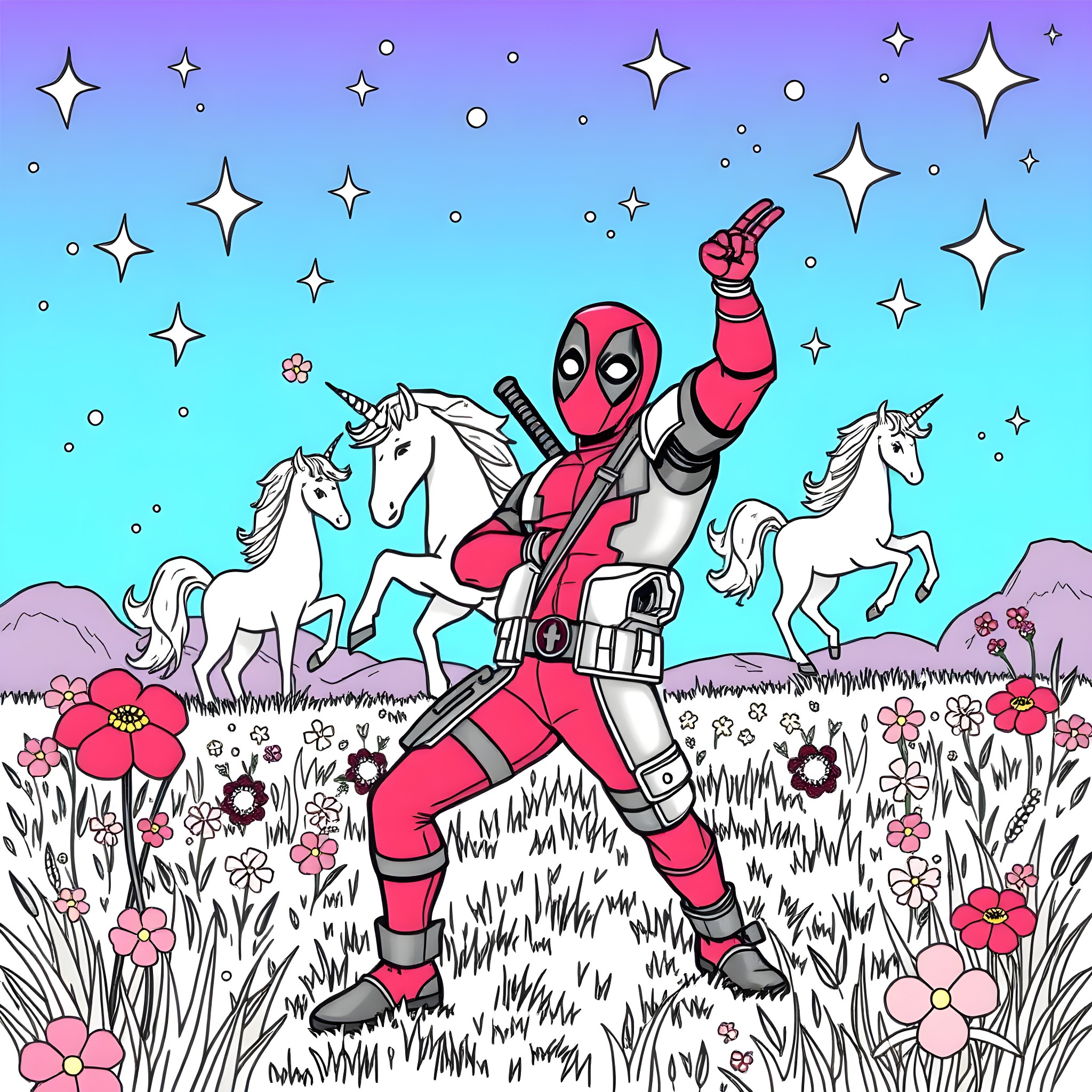 Deadpool's Whimsical Adventure with Unicorns Coloring Page (free black-and-white line drawing printable PDF for all, from beginners to advanced learners, including children, teens, adults, and seniors)