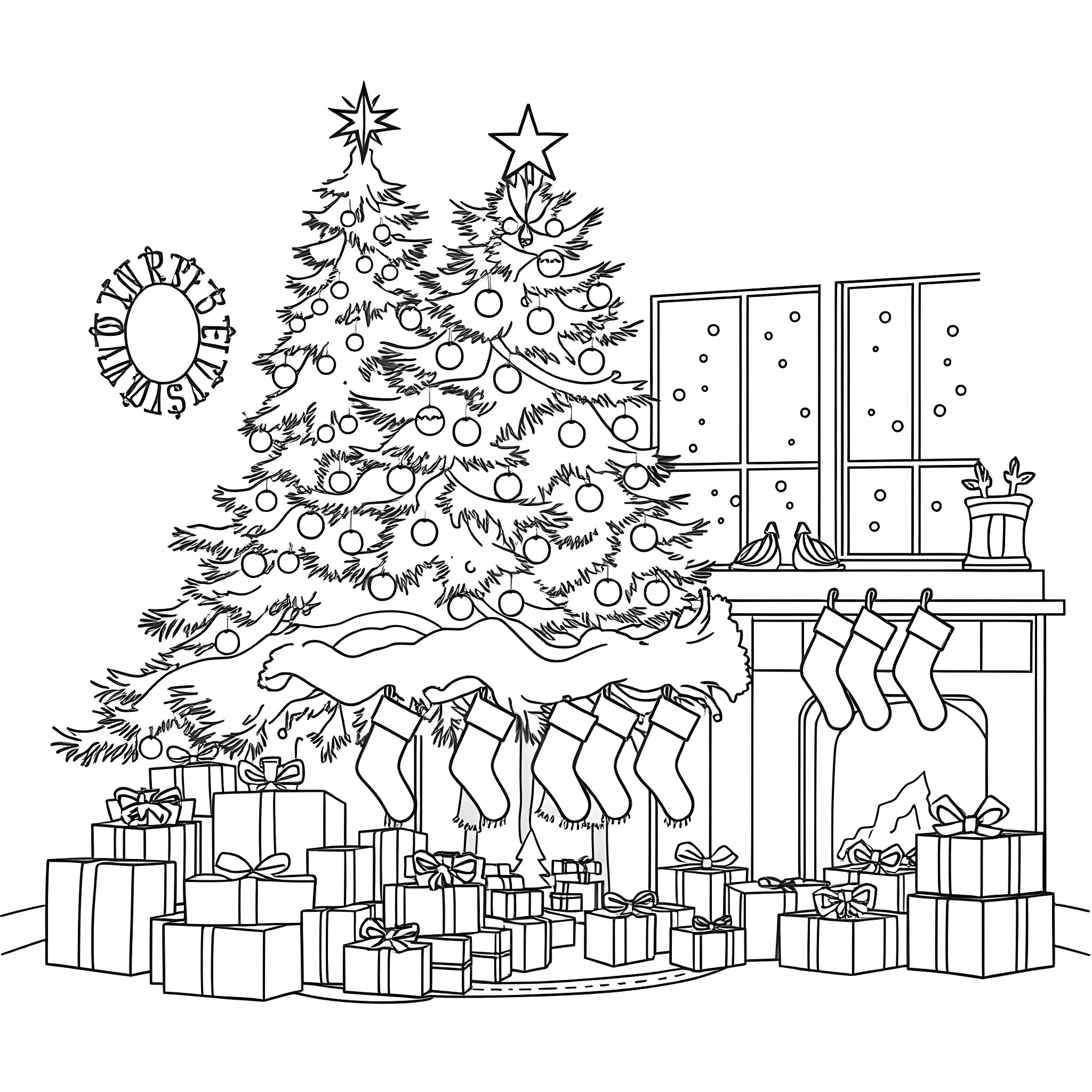 Christmas decorations and gifts around the tree Coloring Page (free black-and-white line drawing printable PDF for all, from beginners to advanced learners, including children, teens, adults, and seniors)