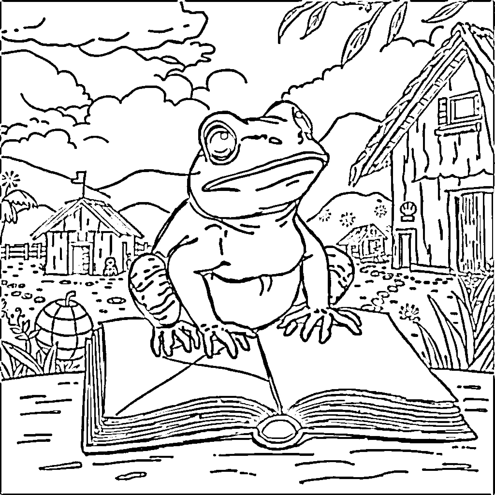 Coqui Frog Hopping out of a Book Coloring Page (free black-and-white line drawing printable PDF for all, from beginners to advanced learners, including children, teens, adults, and seniors)