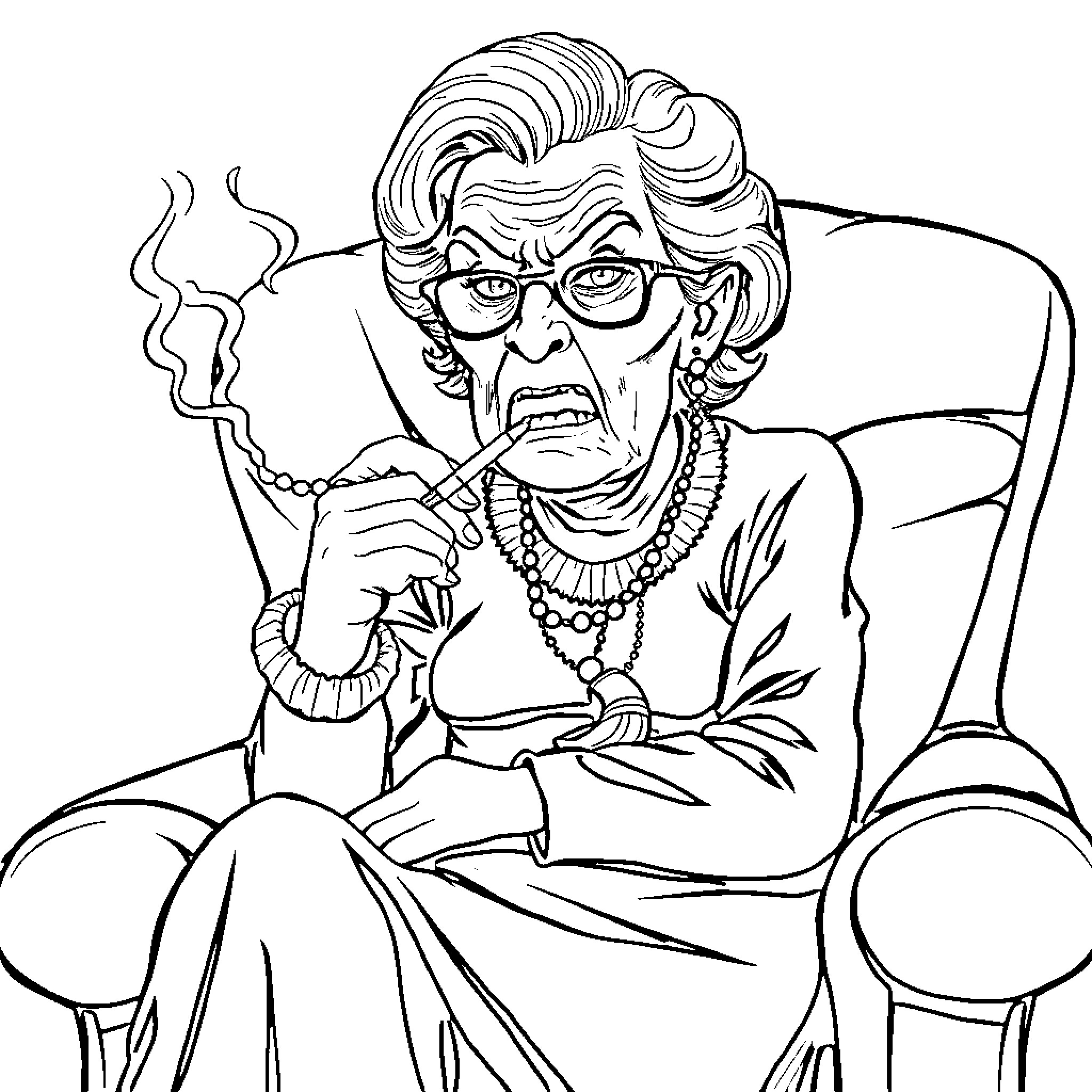 Grandma Expressing Displeasure in Her Armchair Coloring Page (free black-and-white line drawing printable PDF for all, from beginners to advanced learners, including children, teens, adults, and seniors)