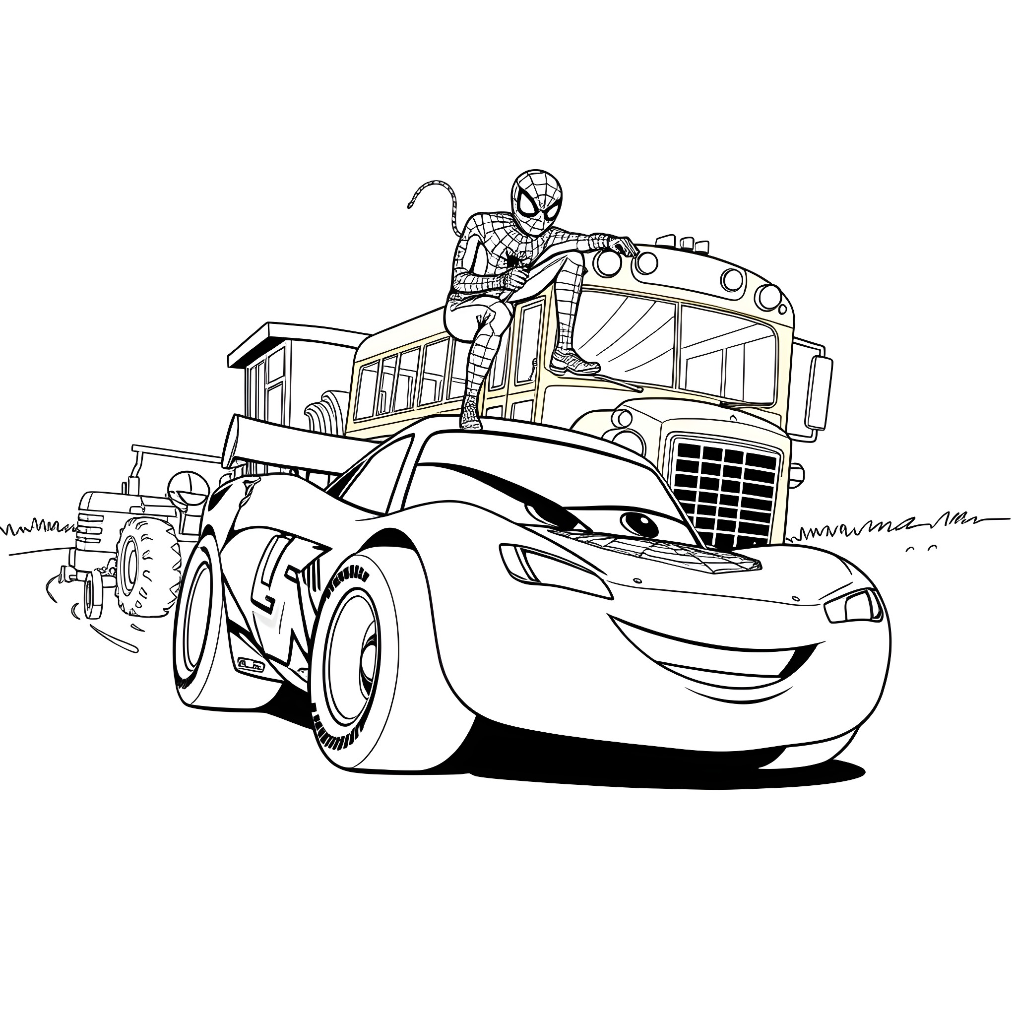 Lightning McQueen racing with Spider-Man on a truck Coloring Page (free black-and-white line drawing printable PDF for all, from beginners to advanced learners, including children, teens, adults, and seniors)