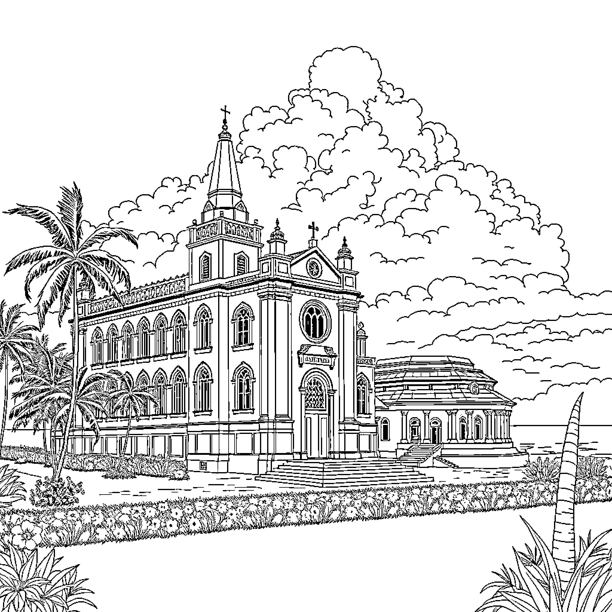 College students exploring an ornate historic building Coloring Page (free black-and-white line drawing printable PDF for all, from beginners to advanced learners, including children, teens, adults, and seniors)