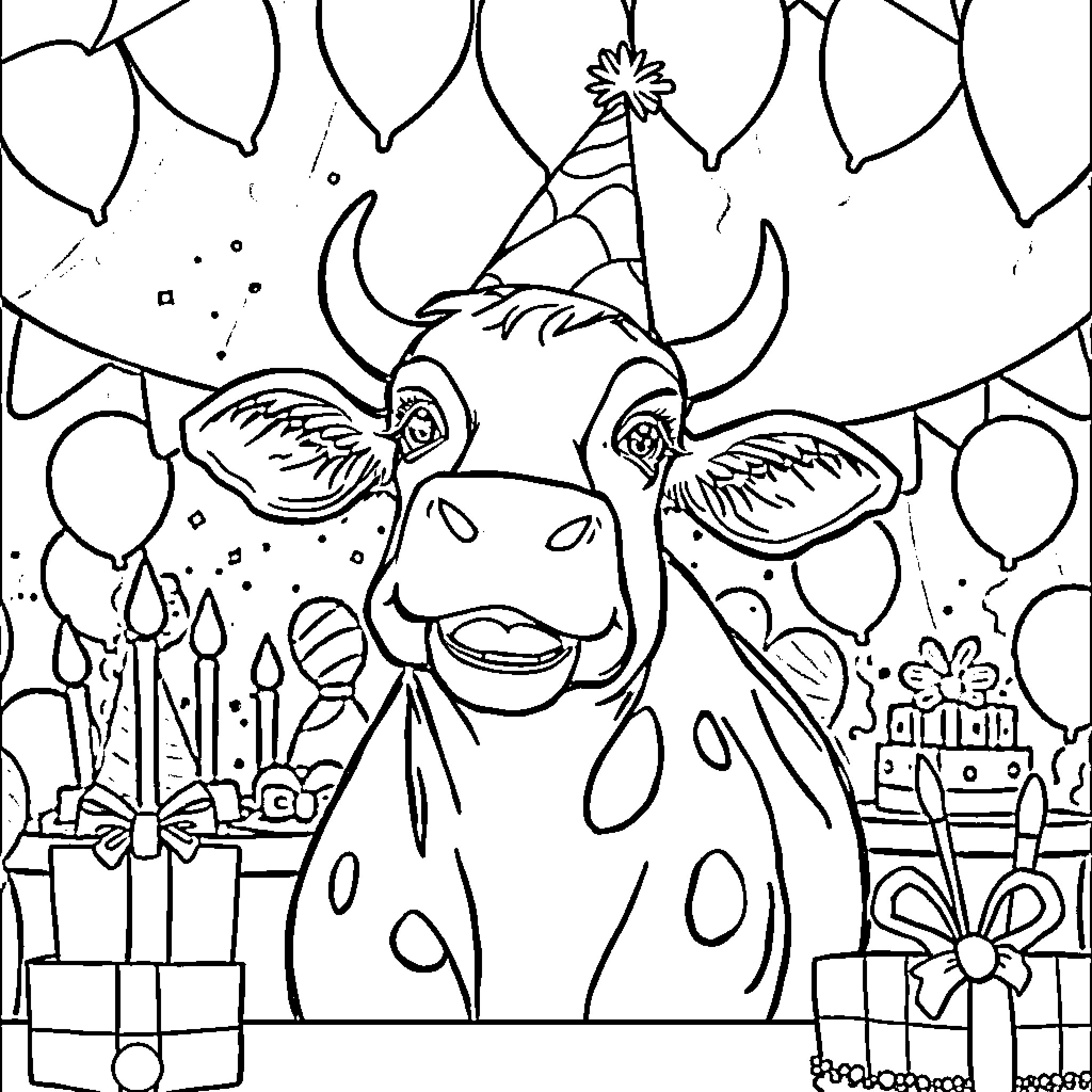 Cow celebrating a joyous occasion Coloring Page (free black-and-white line drawing printable PDF for all, from beginners to advanced learners, including children, teens, adults, and seniors)