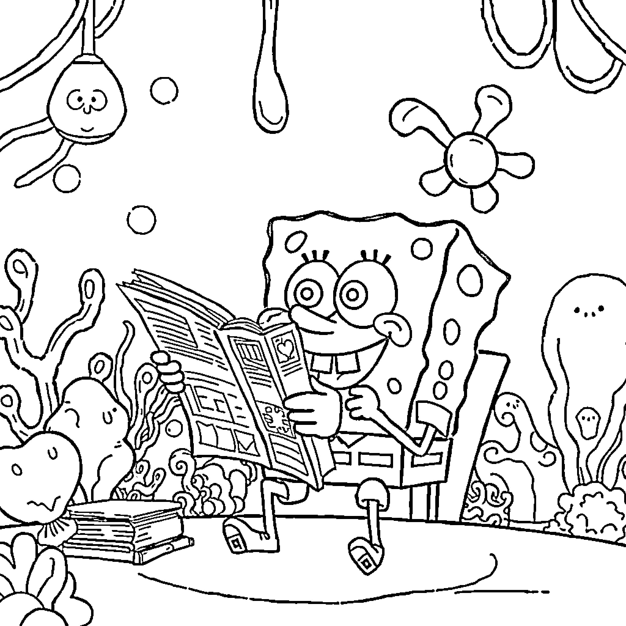 Spongebob reading books underwater with friends Coloring Page (free black-and-white line drawing printable PDF for all, from beginners to advanced learners, including children, teens, adults, and seniors)