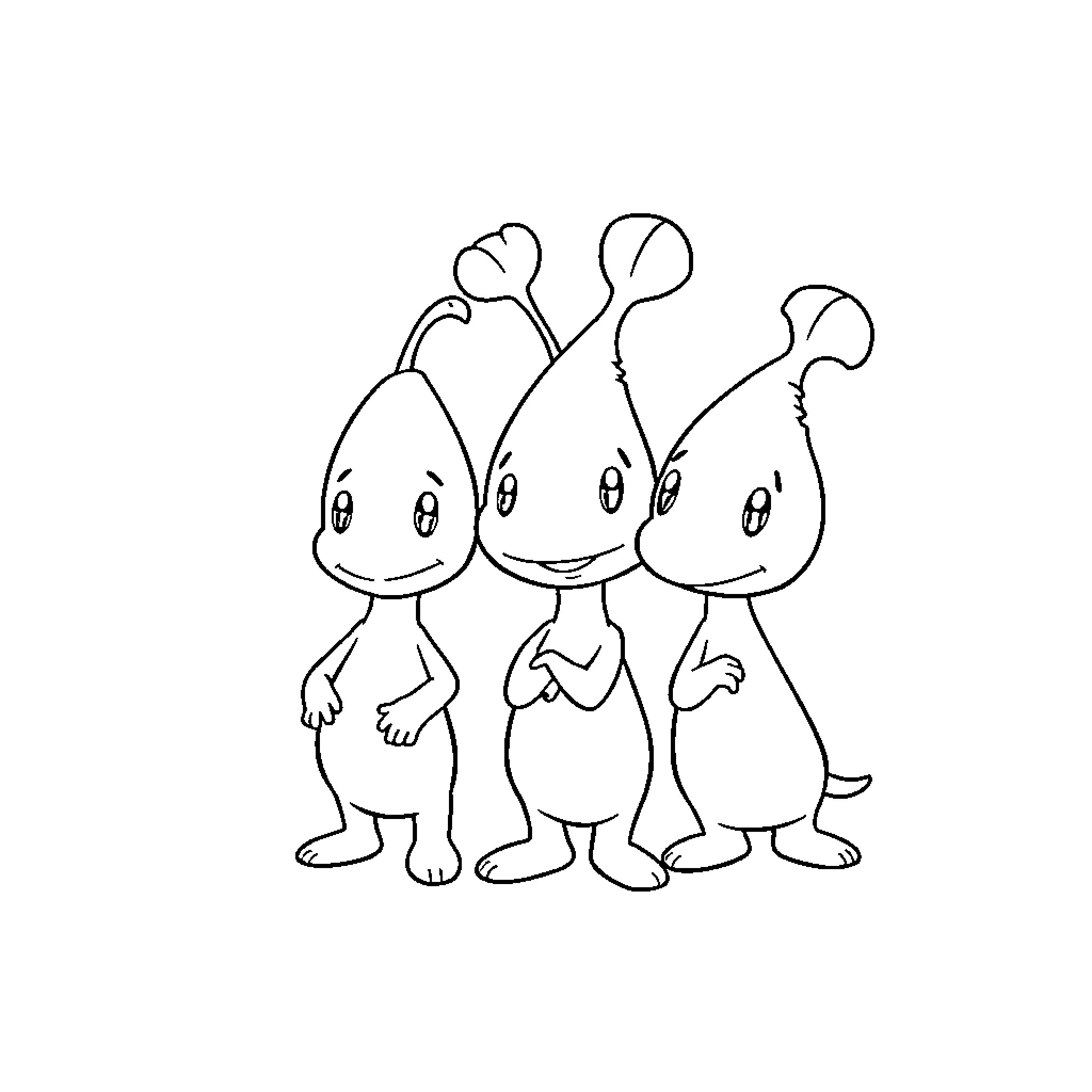 Pikmin trio cheerfully standing together Coloring Page (free black-and-white line drawing printable PDF for all, from beginners to advanced learners, including children, teens, adults, and seniors)