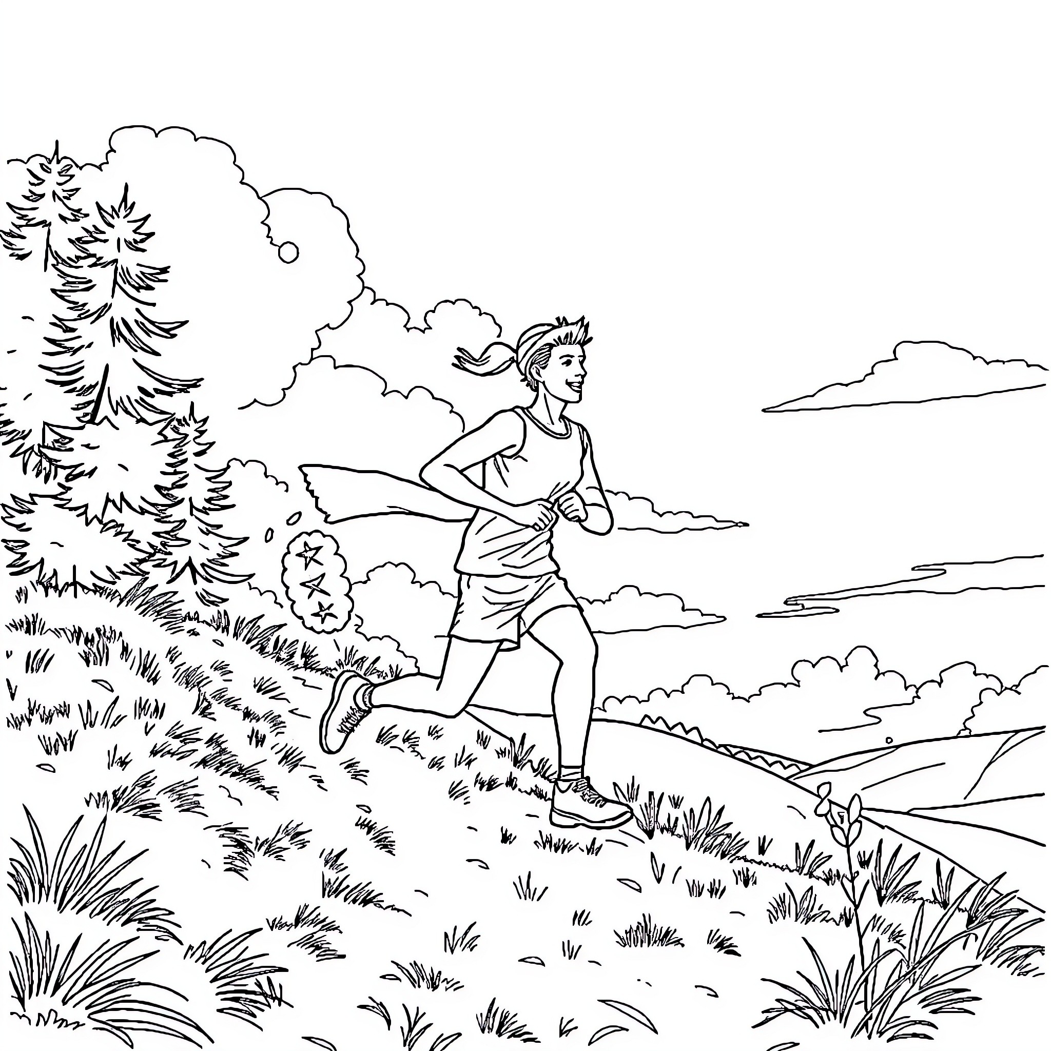 Character running through a scenic countryside Coloring Page (free black-and-white line drawing printable PDF for all, from beginners to advanced learners, including children, teens, adults, and seniors)