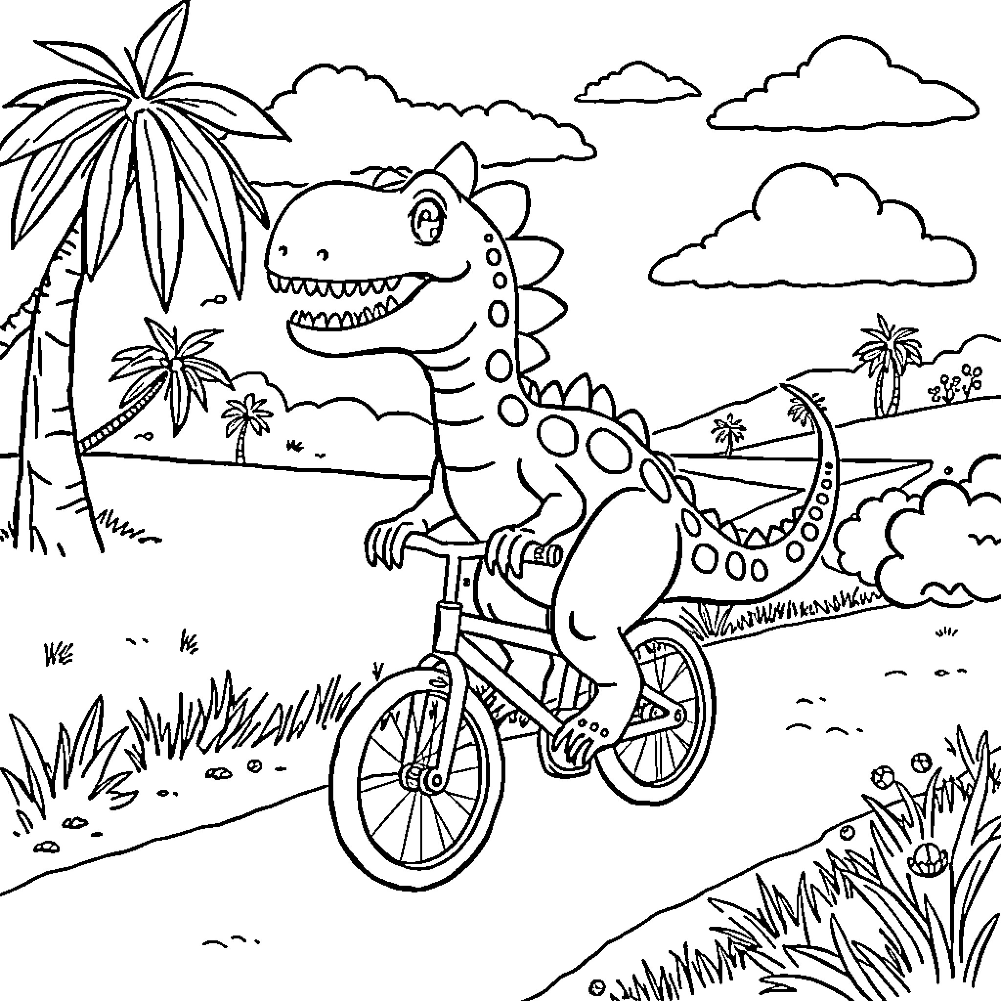 Dinosaur riding a bicycle through the jungle Coloring Page (free black-and-white line drawing printable PDF for all, from beginners to advanced learners, including children, teens, adults, and seniors)