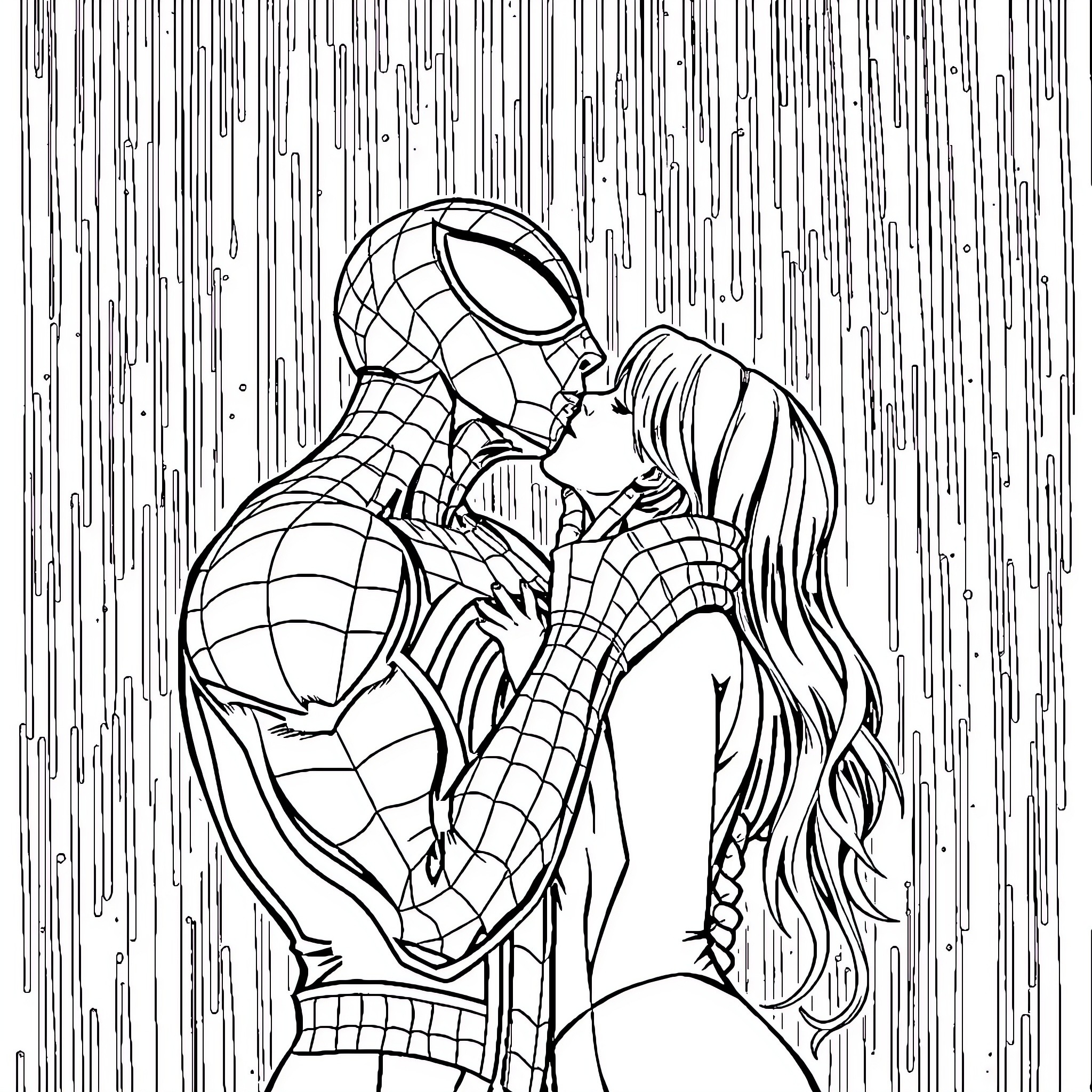 Spiderman embracing his loved one in the rain Coloring Page (free black-and-white line drawing printable PDF for all, from beginners to advanced learners, including children, teens, adults, and seniors)
