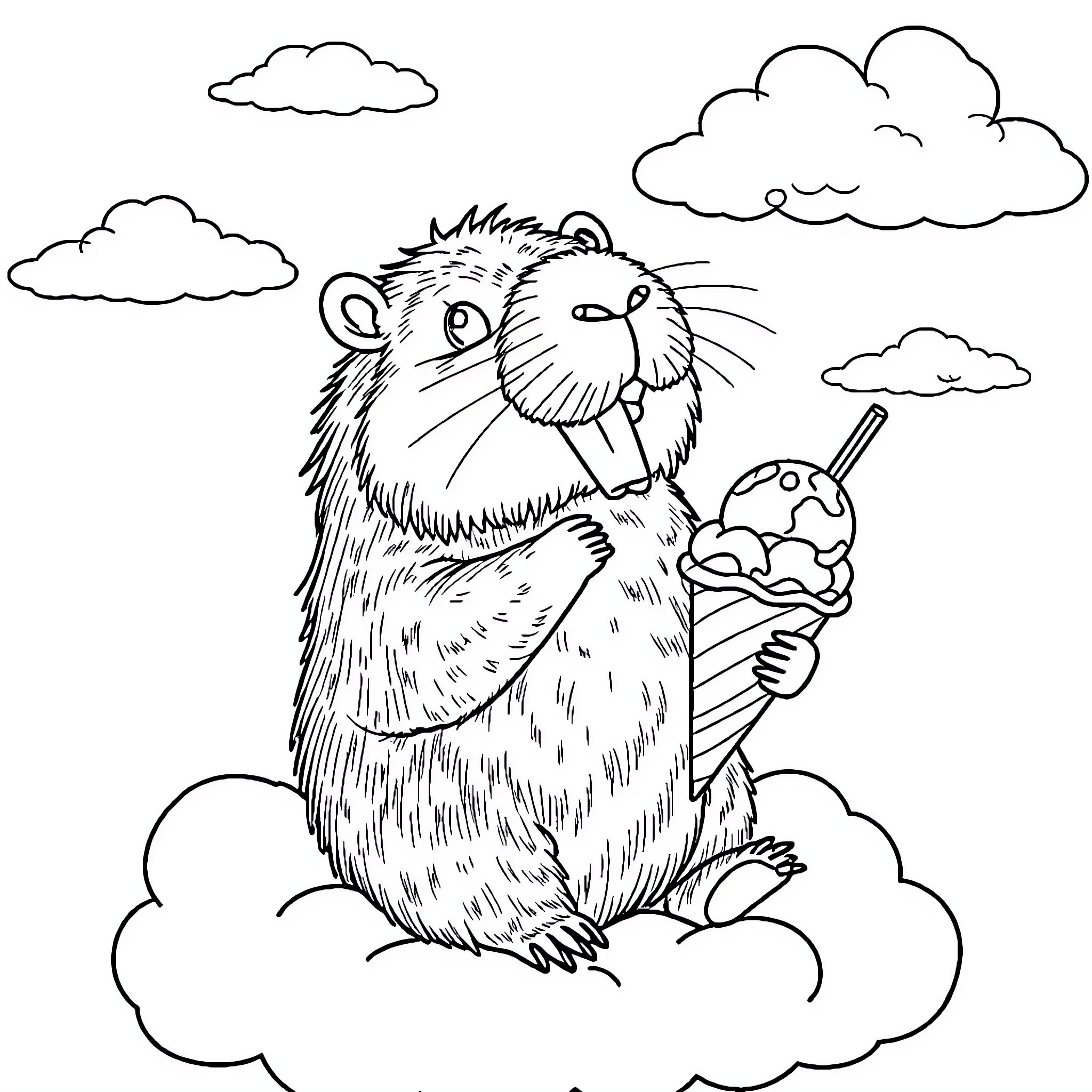 Capybara enjoying an ice cream on a cloudy day Coloring Page (free black-and-white line drawing printable PDF for all, from beginners to advanced learners, including children, teens, adults, and seniors)
