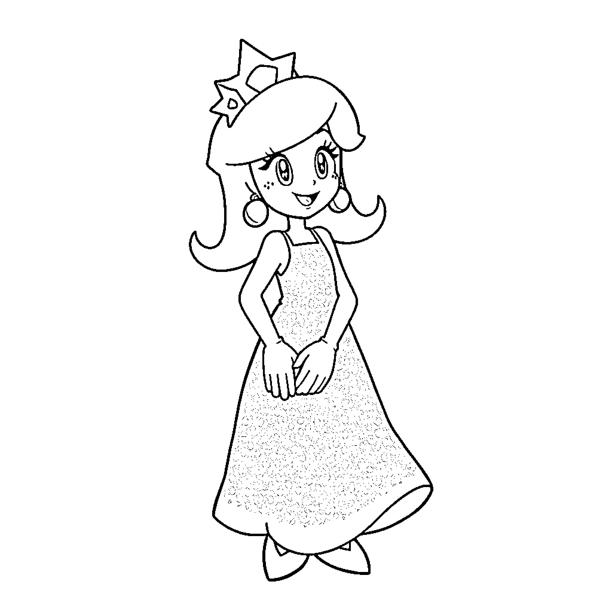 Rosalina in a Cheerful Dress Coloring Page (free black-and-white line drawing printable PDF for all, from beginners to advanced learners, including children, teens, adults, and seniors)