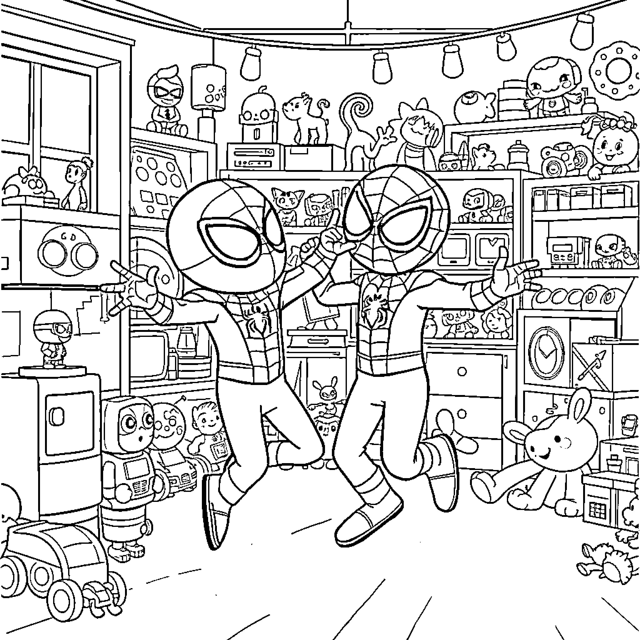 Pocoyo's Playful Adventures in the Toy Room Coloring Page (free black-and-white line drawing printable PDF for all, from beginners to advanced learners, including children, teens, adults, and seniors)