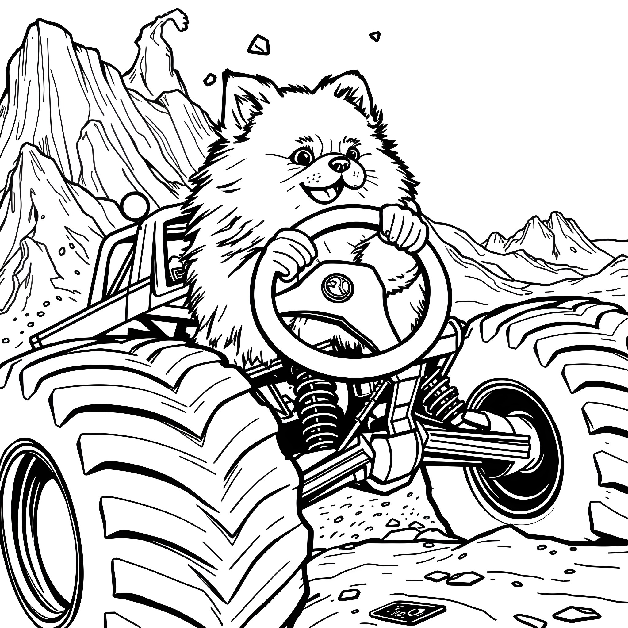 Pomeranian driving a monster truck through mountains Coloring Page (free black-and-white line drawing printable PDF for all, from beginners to advanced learners, including children, teens, adults, and seniors)