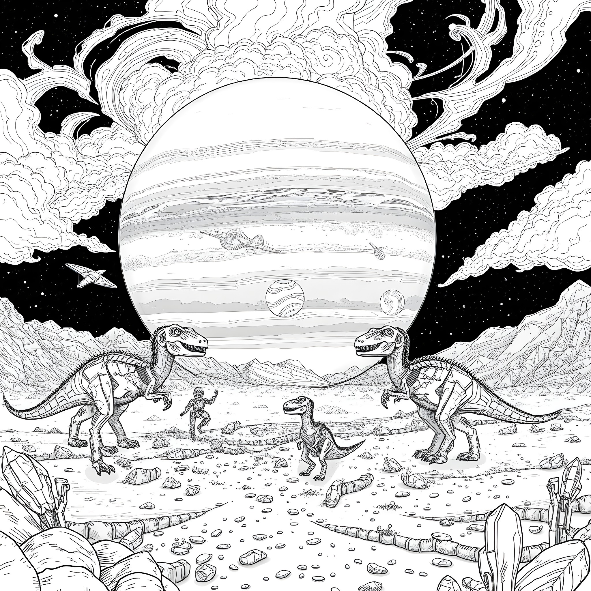Dinosaurs Exploring the Celestial Landscape Coloring Page (free black-and-white line drawing printable PDF for all, from beginners to advanced learners, including children, teens, adults, and seniors)
