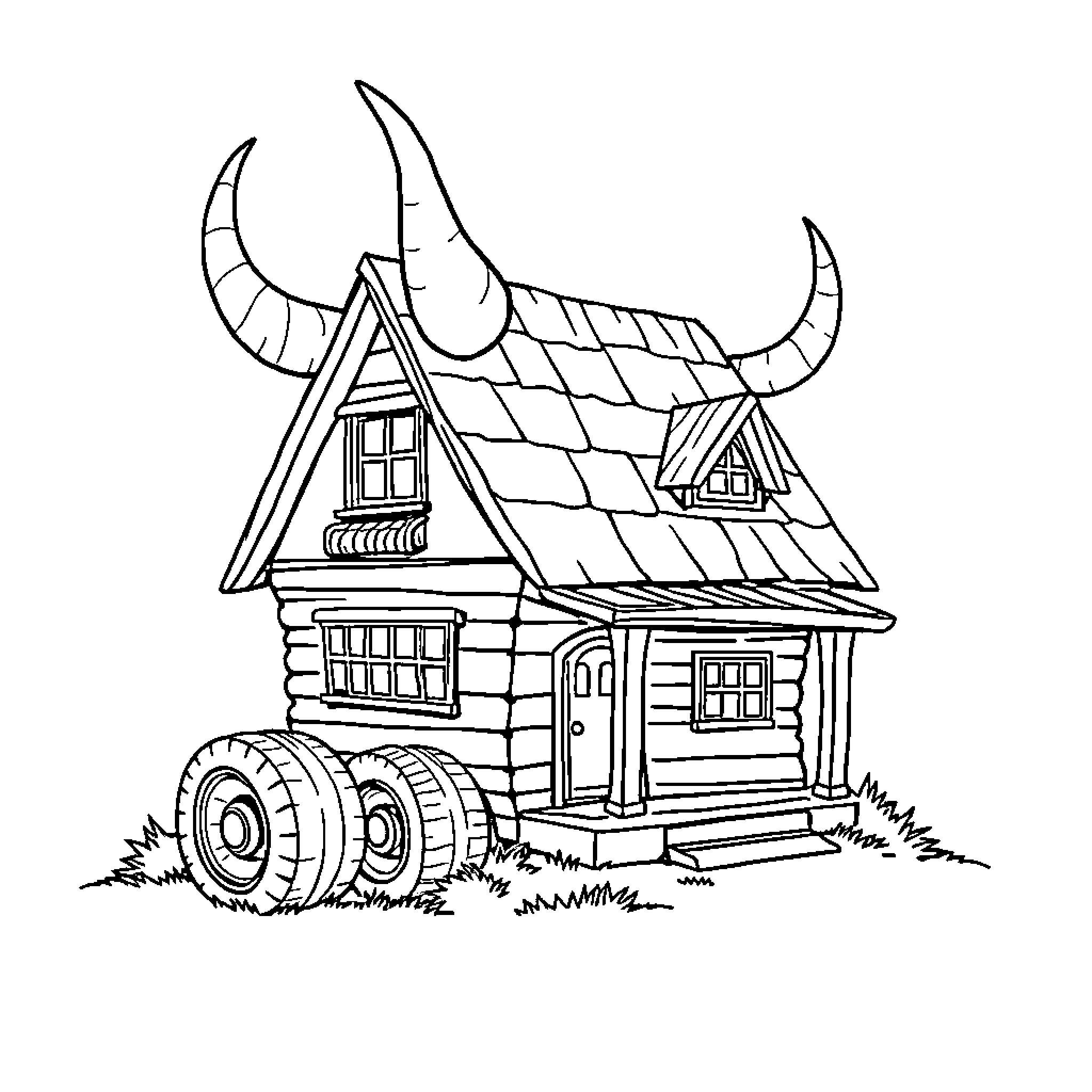 House with Whimsical Roof Design and Wagon Coloring Page (free black-and-white line drawing printable PDF for all, from beginners to advanced learners, including children, teens, adults, and seniors)