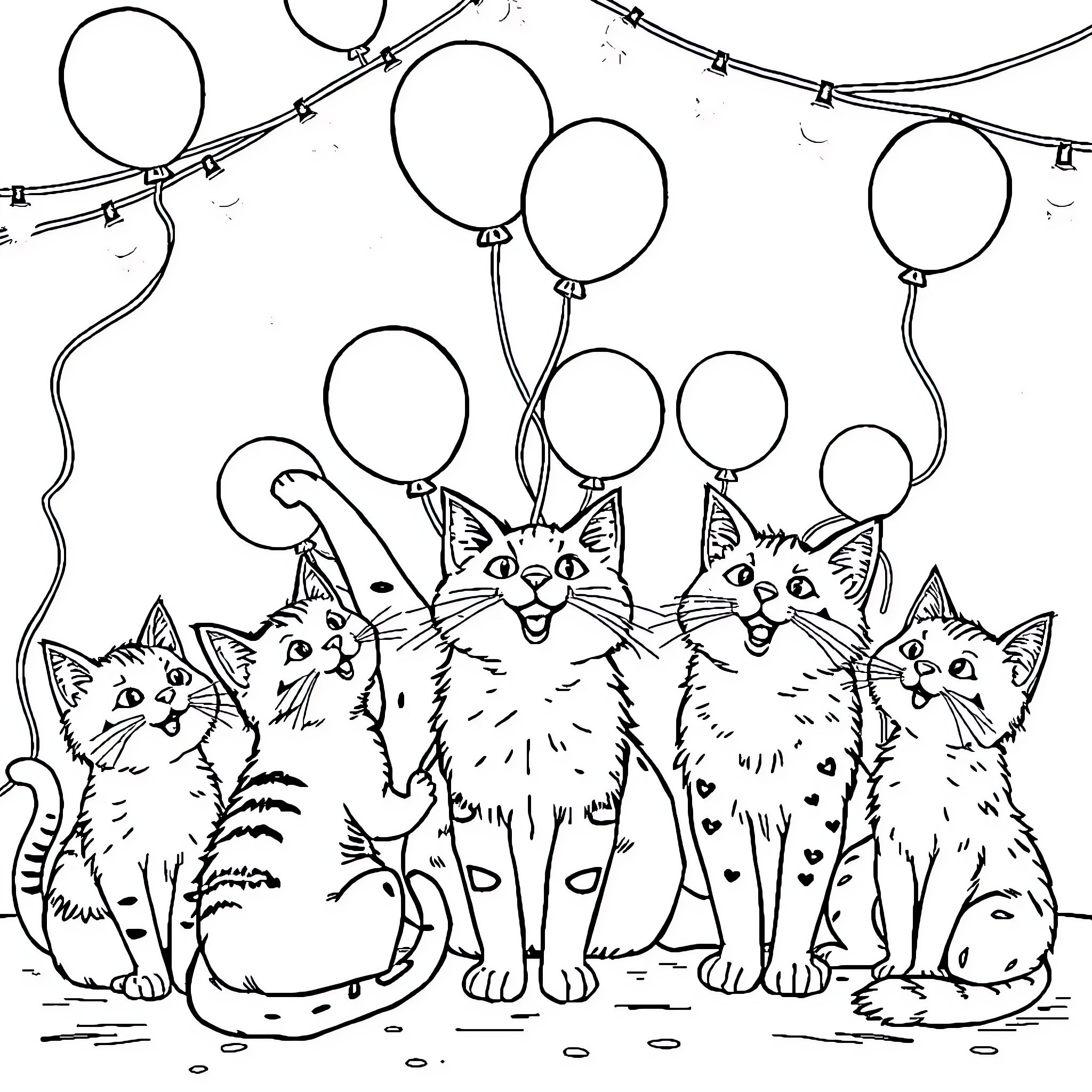 Cat celebration with balloons Coloring Page (free black-and-white line drawing printable PDF for all, from beginners to advanced learners, including children, teens, adults, and seniors)