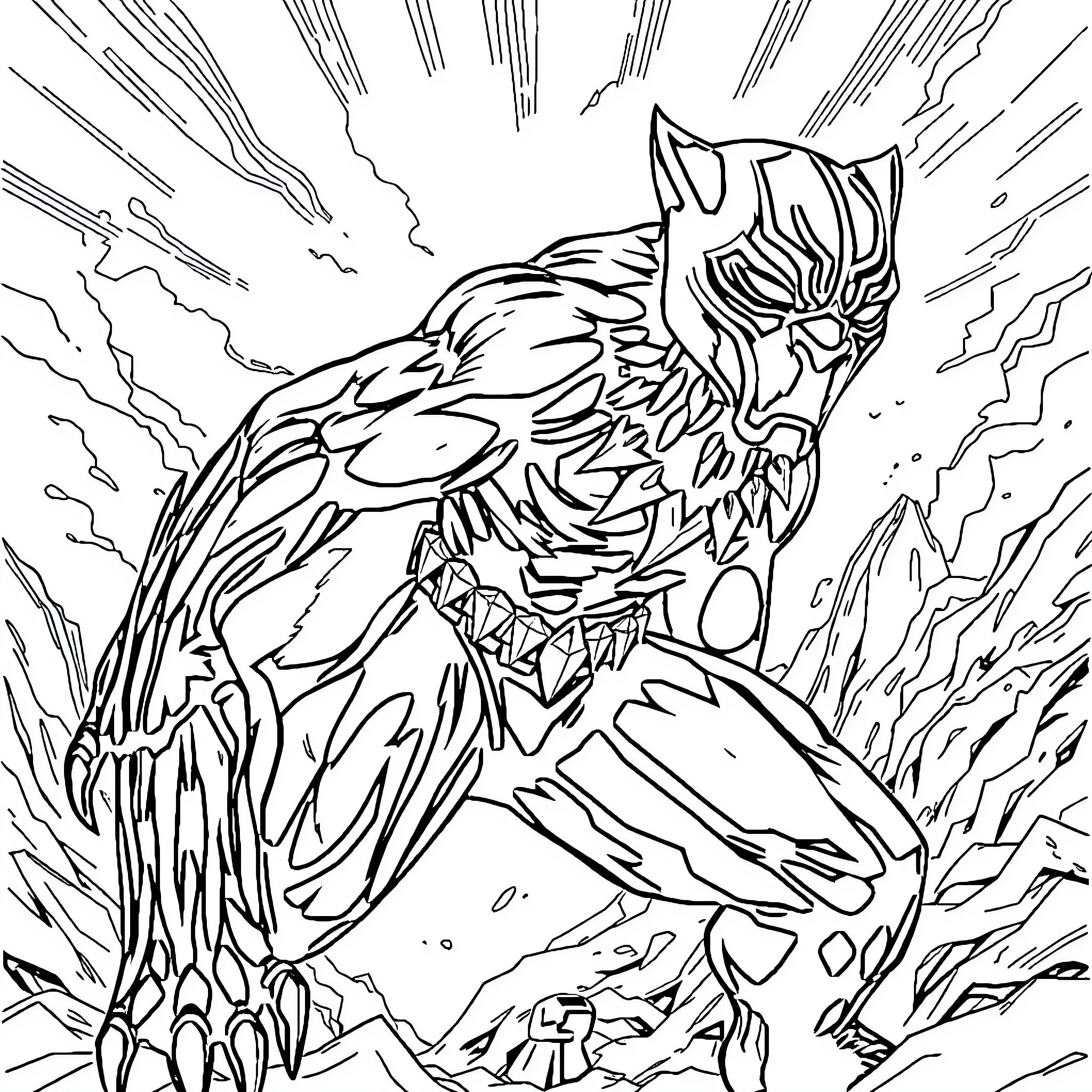 Panther bursting out of destruction Coloring Page (free black-and-white line drawing printable PDF for all, from beginners to advanced learners, including children, teens, adults, and seniors)