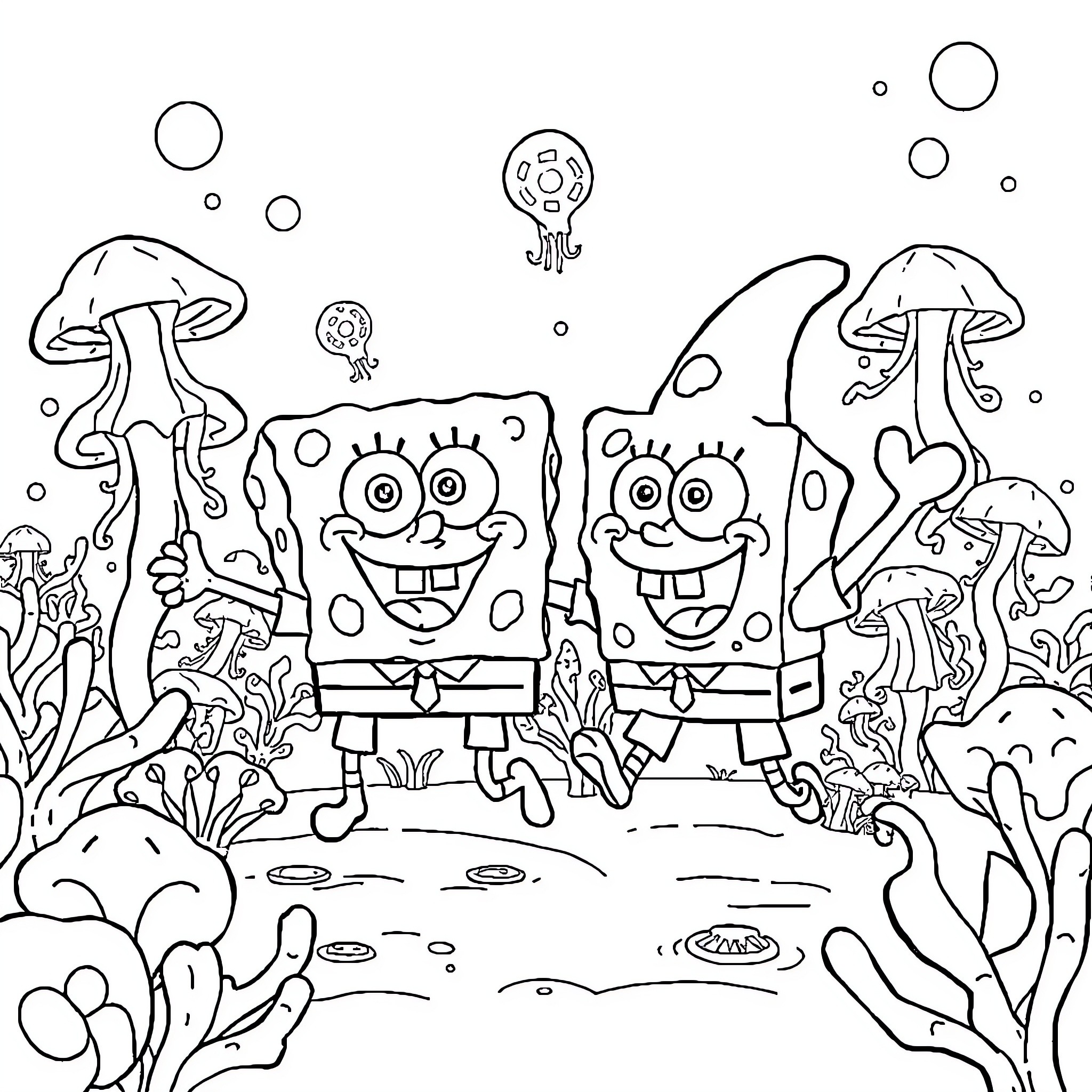 Spongebob and Patrick playing in the underwater meadow Coloring Page (free black-and-white line drawing printable PDF for all, from beginners to advanced learners, including children, teens, adults, and seniors)