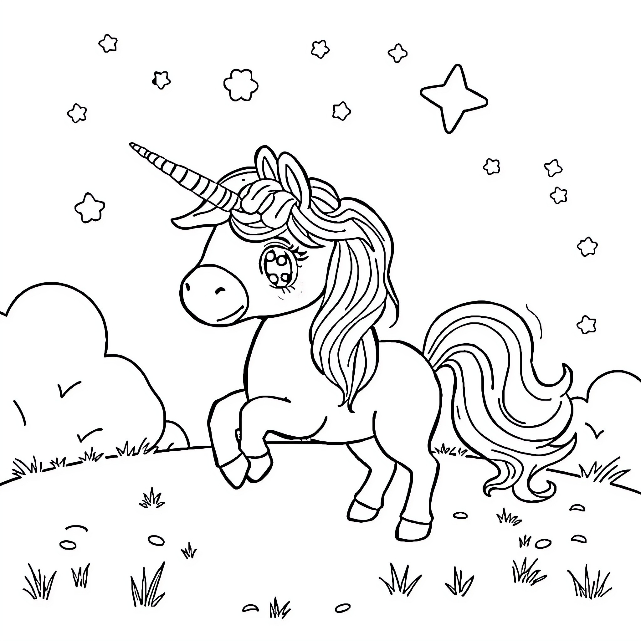 Unicorn standing in a starry meadow Coloring Page (free black-and-white line drawing printable PDF for all, from beginners to advanced learners, including children, teens, adults, and seniors)