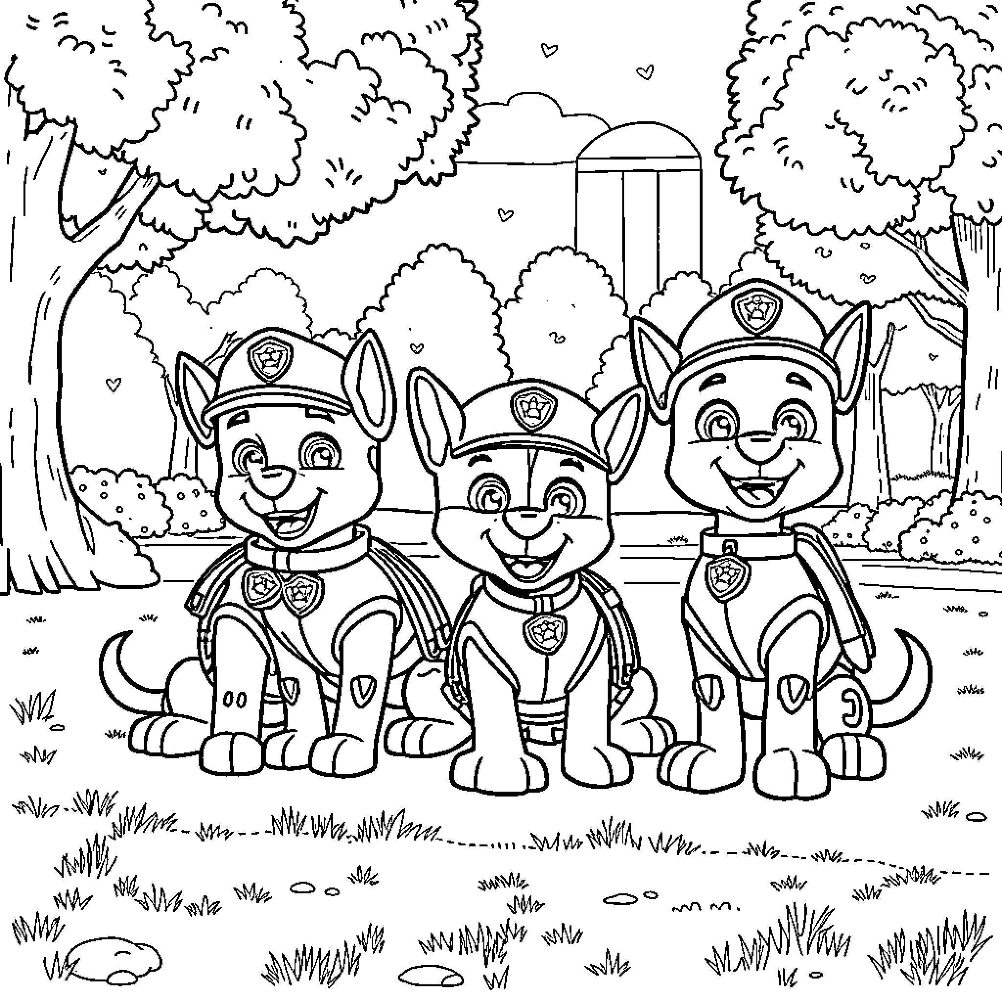 Paw Patrol characters in the park Coloring Page (free black-and-white line drawing printable PDF for all, from beginners to advanced learners, including children, teens, adults, and seniors)