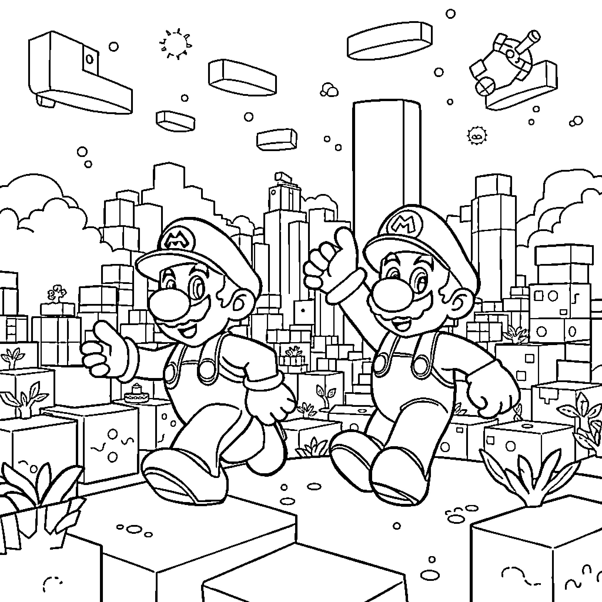 Mario and Luigi's Cityscape Adventure Coloring Page (free black-and-white line drawing printable PDF for all, from beginners to advanced learners, including children, teens, adults, and seniors)