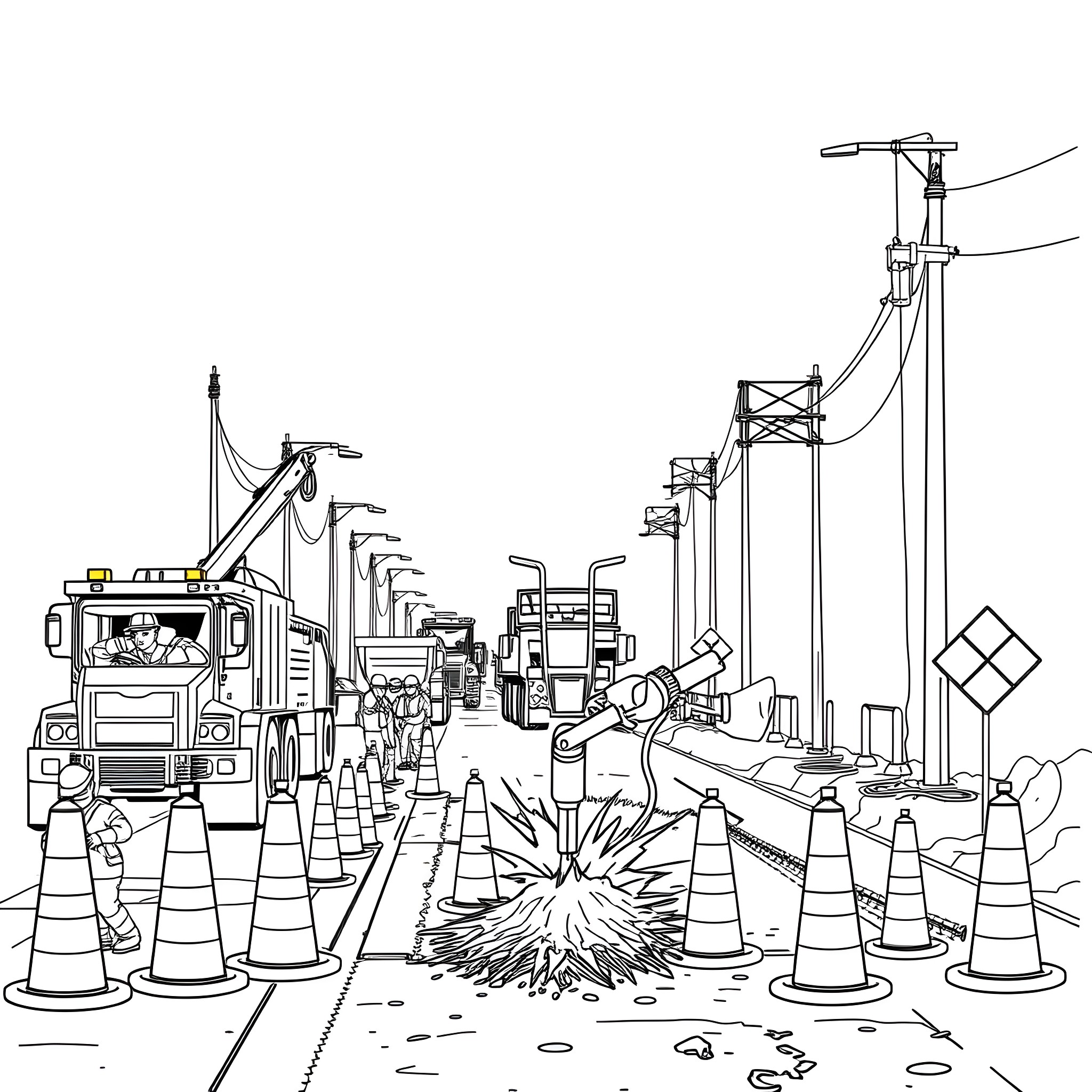 Jackhammer demolishing construction site with heavy equipment Coloring Page (free black-and-white line drawing printable PDF for all, from beginners to advanced learners, including children, teens, adults, and seniors)