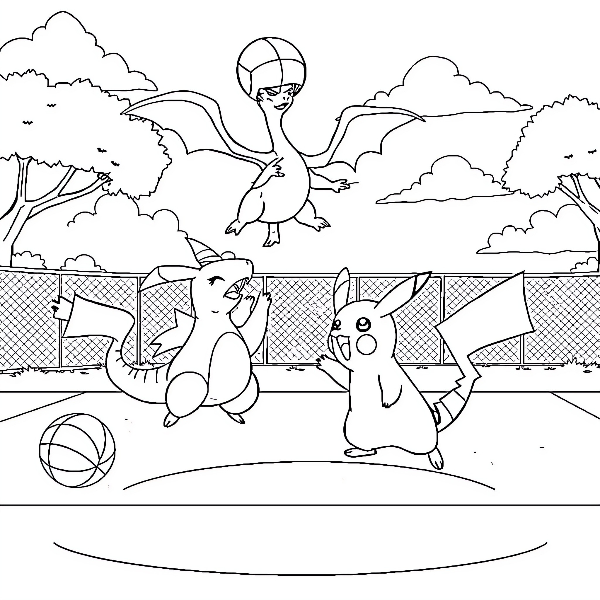 Pikachu and friends playing on the field Coloring Page (free black-and-white line drawing printable PDF for all, from beginners to advanced learners, including children, teens, adults, and seniors)