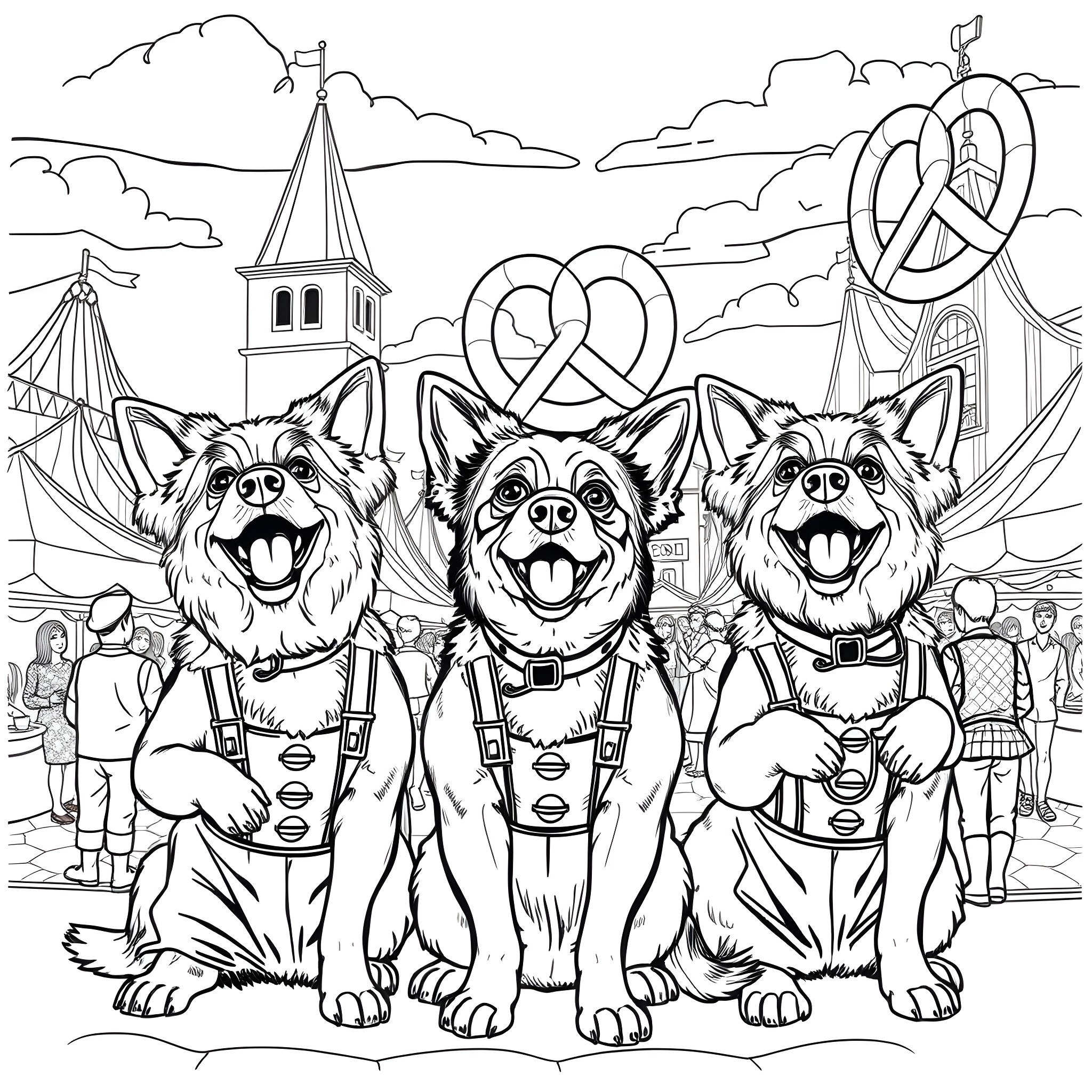 Dogs in traditional Bavarian outfits at a festival Coloring Page (free black-and-white line drawing printable PDF for all, from beginners to advanced learners, including children, teens, adults, and seniors)