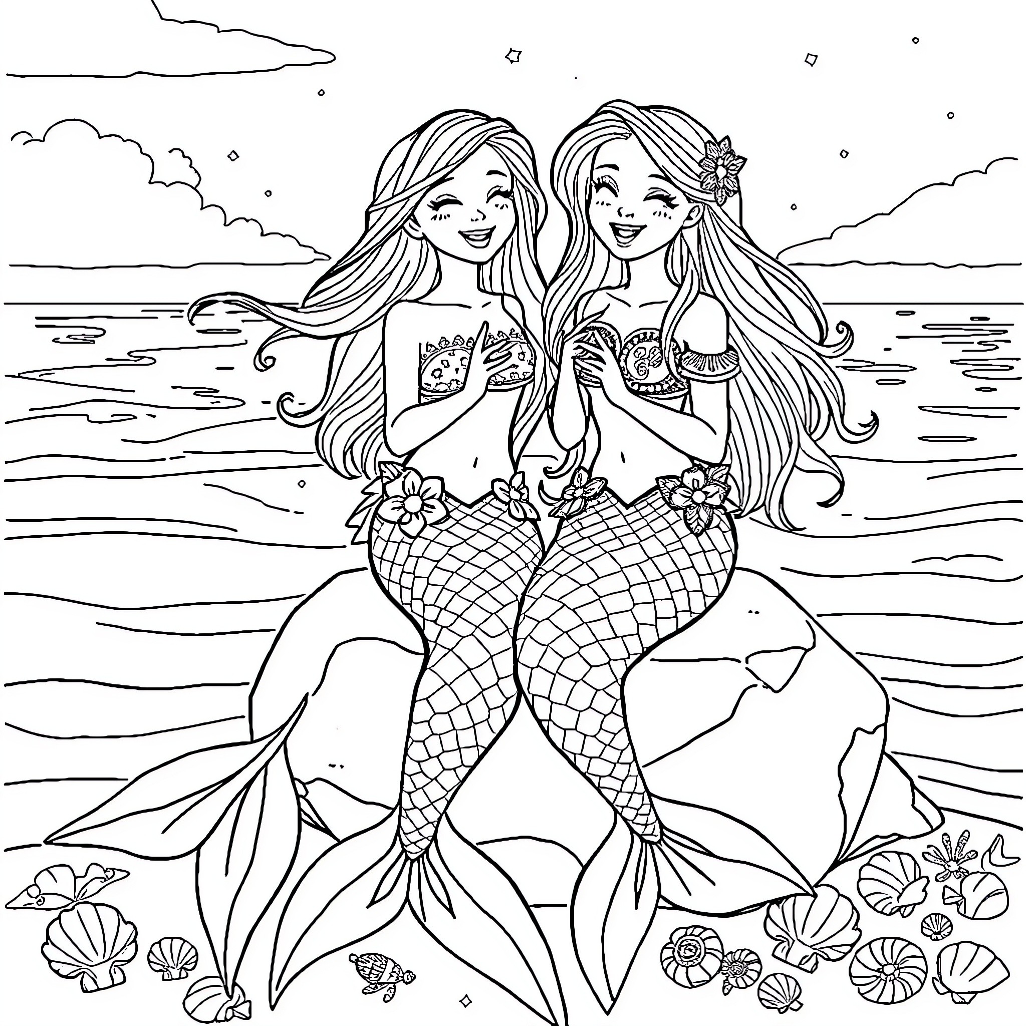 Mermaid sisters enjoying the ocean view Coloring Page (free black-and-white line drawing printable PDF for all, from beginners to advanced learners, including children, teens, adults, and seniors)