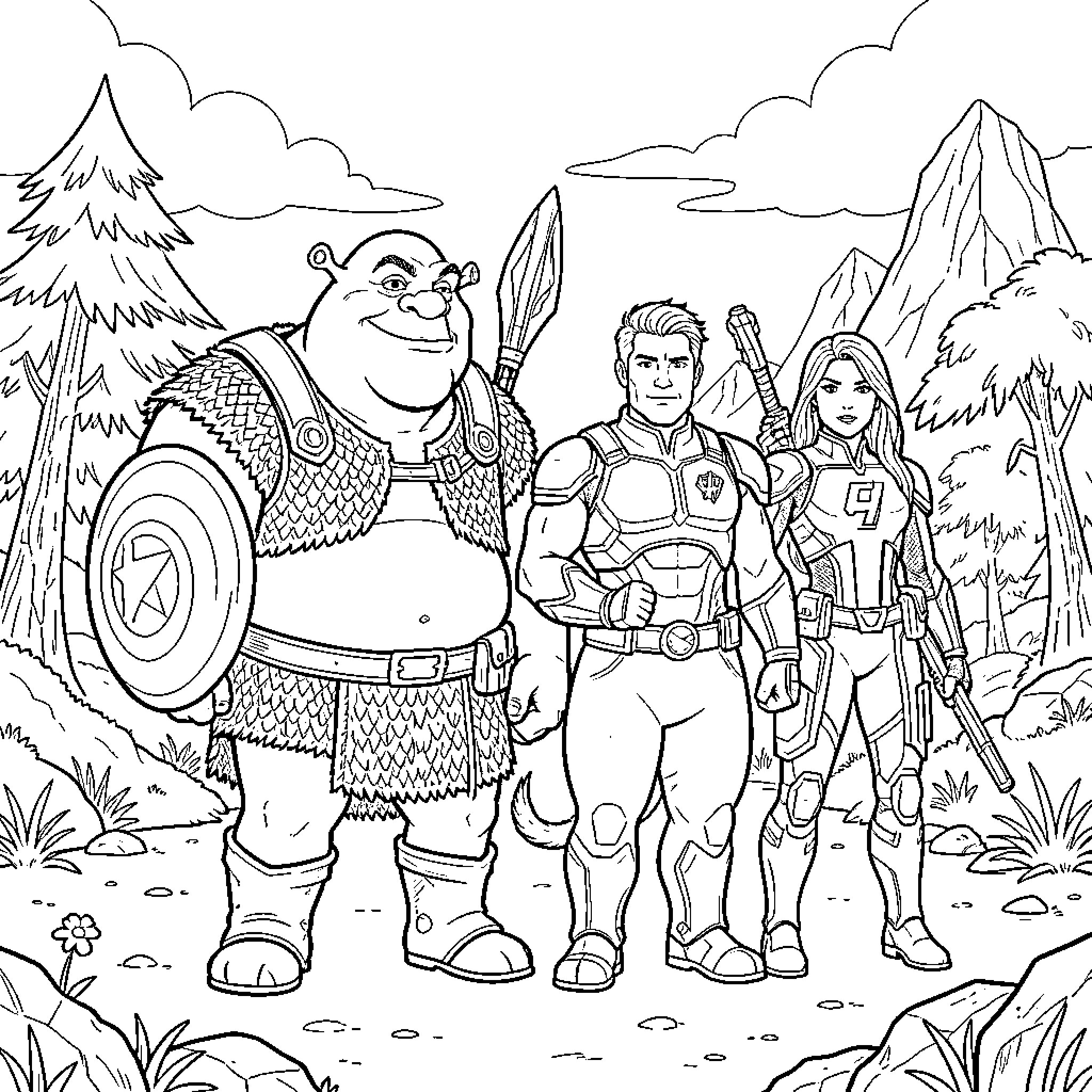 Shrek standing with two heroic warriors in a forest Coloring Page (free black-and-white line drawing printable PDF for all, from beginners to advanced learners, including children, teens, adults, and seniors)