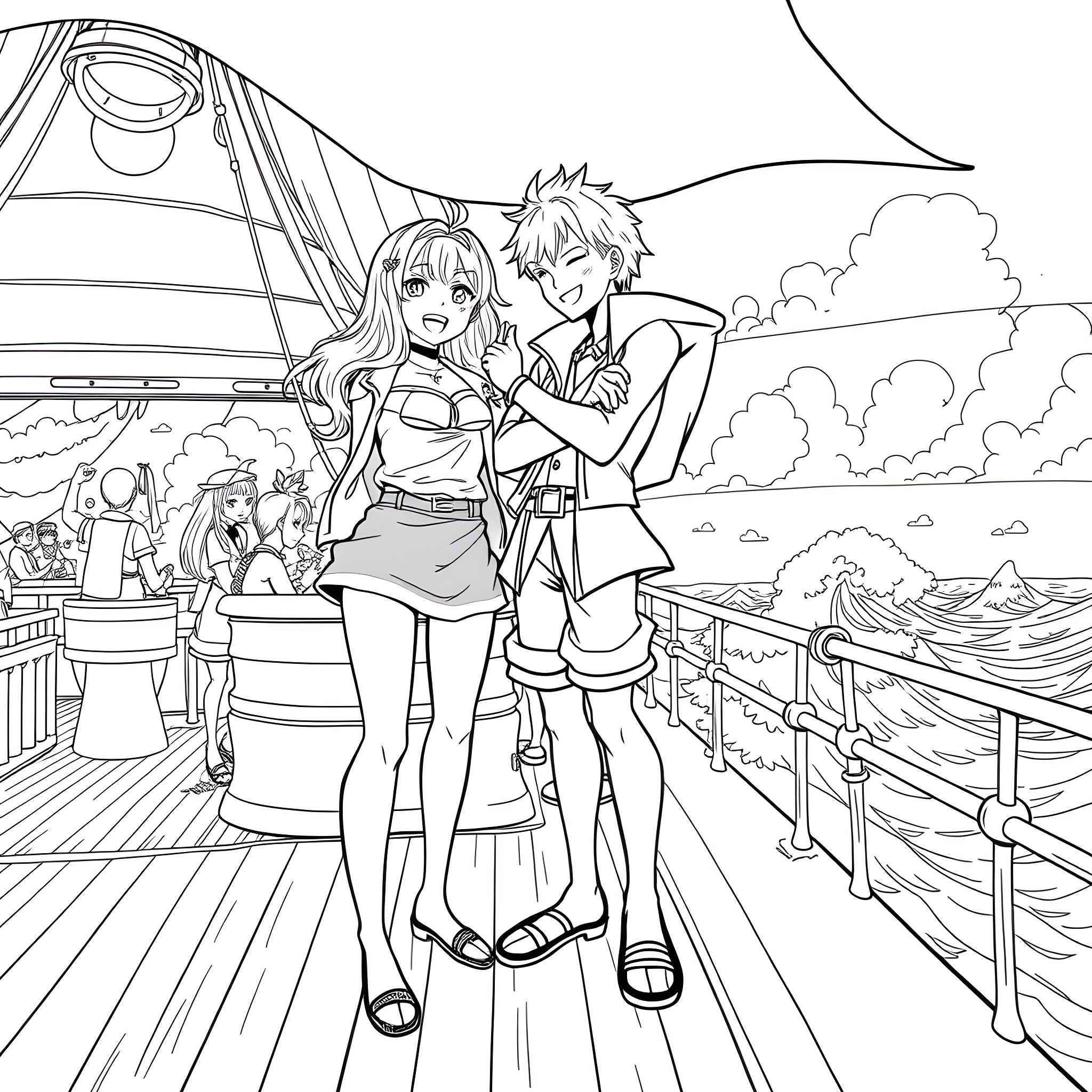 Nami and Luffy enjoying an adventure on the high seas Coloring Page (free black-and-white line drawing printable PDF for all, from beginners to advanced learners, including children, teens, adults, and seniors)