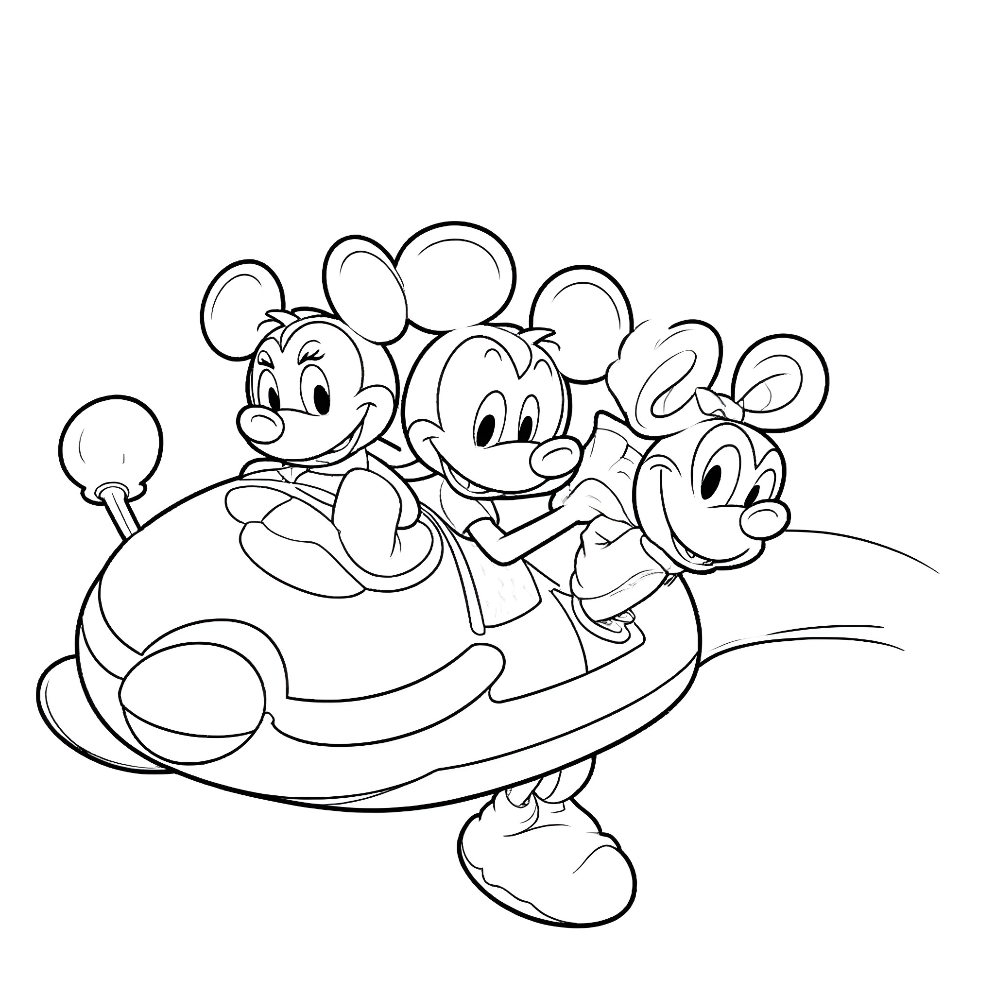 Mickey Mouse and friends riding in a fun vehicle Coloring Page (free black-and-white line drawing printable PDF for all, from beginners to advanced learners, including children, teens, adults, and seniors)