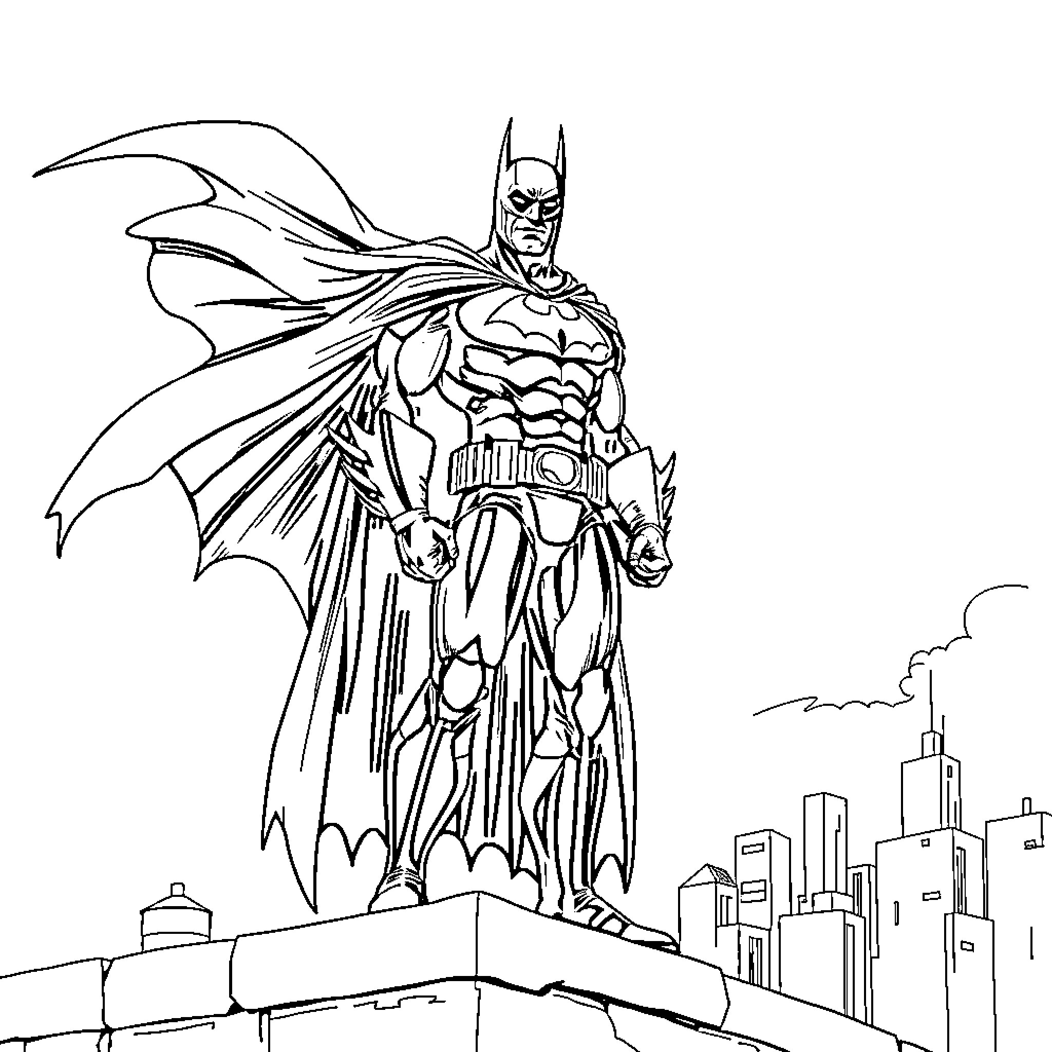 Batman Heroically Stands Tall on City Rooftops Coloring Page (free black-and-white line drawing printable PDF for all, from beginners to advanced learners, including children, teens, adults, and seniors)