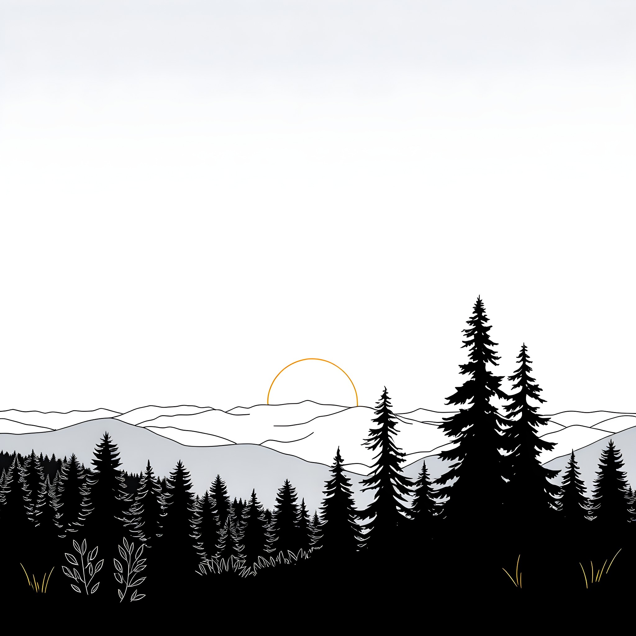 Twilight over the Forested Mountains Coloring Page (free black-and-white line drawing printable PDF for all, from beginners to advanced learners, including children, teens, adults, and seniors)