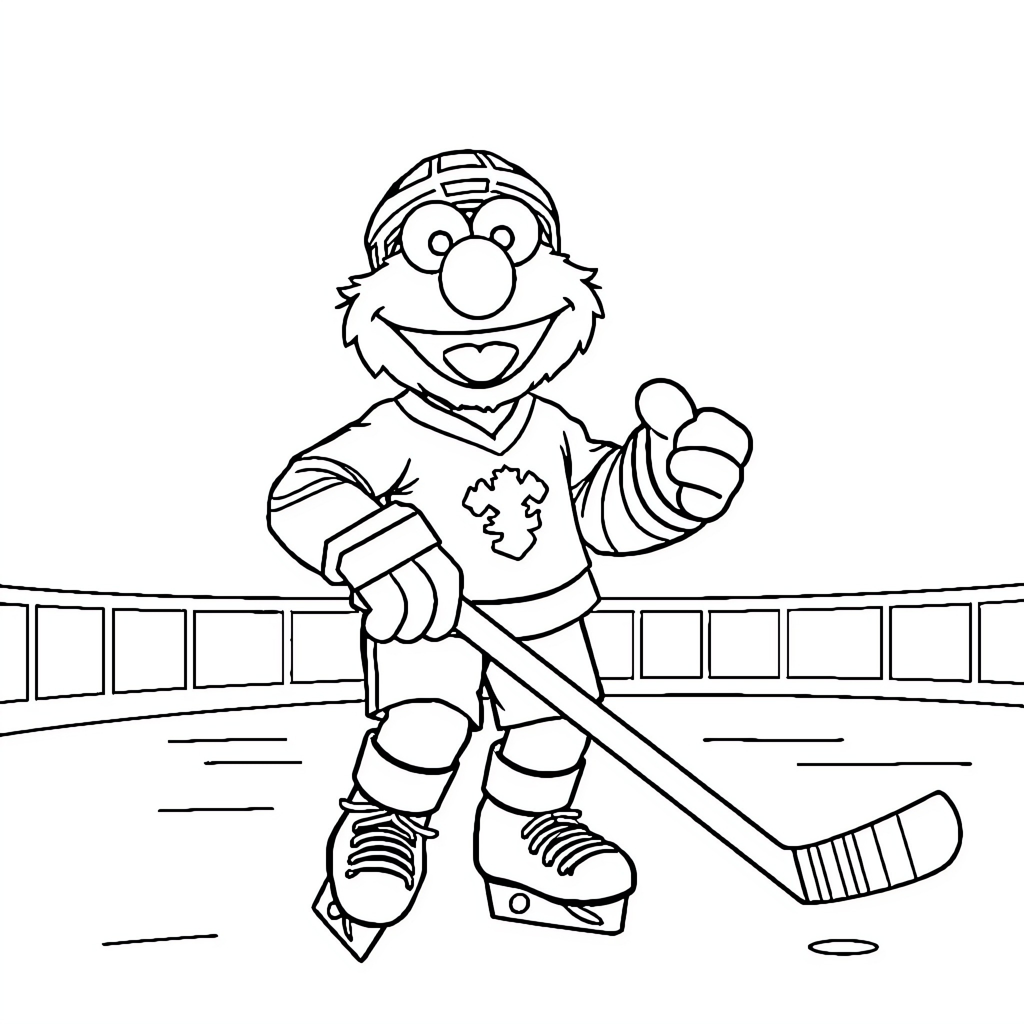 Hockey Player with Friendly Expression on the Rink Coloring Page (free black-and-white line drawing printable PDF for all, from beginners to advanced learners, including children, teens, adults, and seniors)