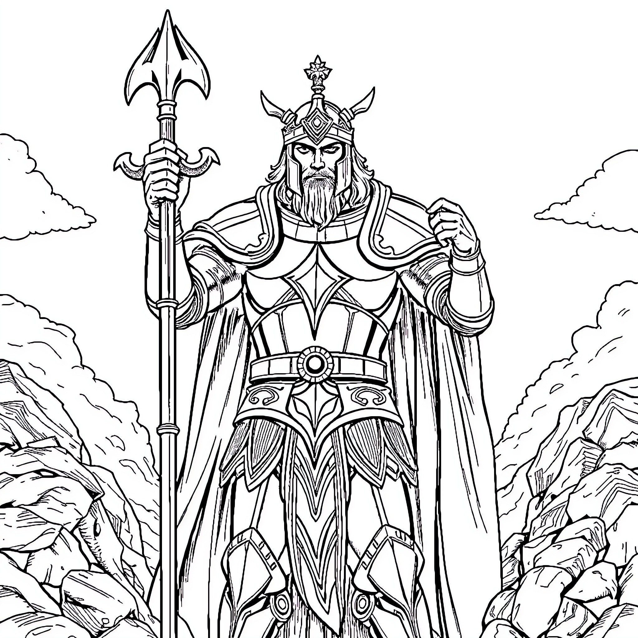 Solair Warrior King Stands Tall in Majestic Scenery Coloring Page (free black-and-white line drawing printable PDF for all, from beginners to advanced learners, including children, teens, adults, and seniors)