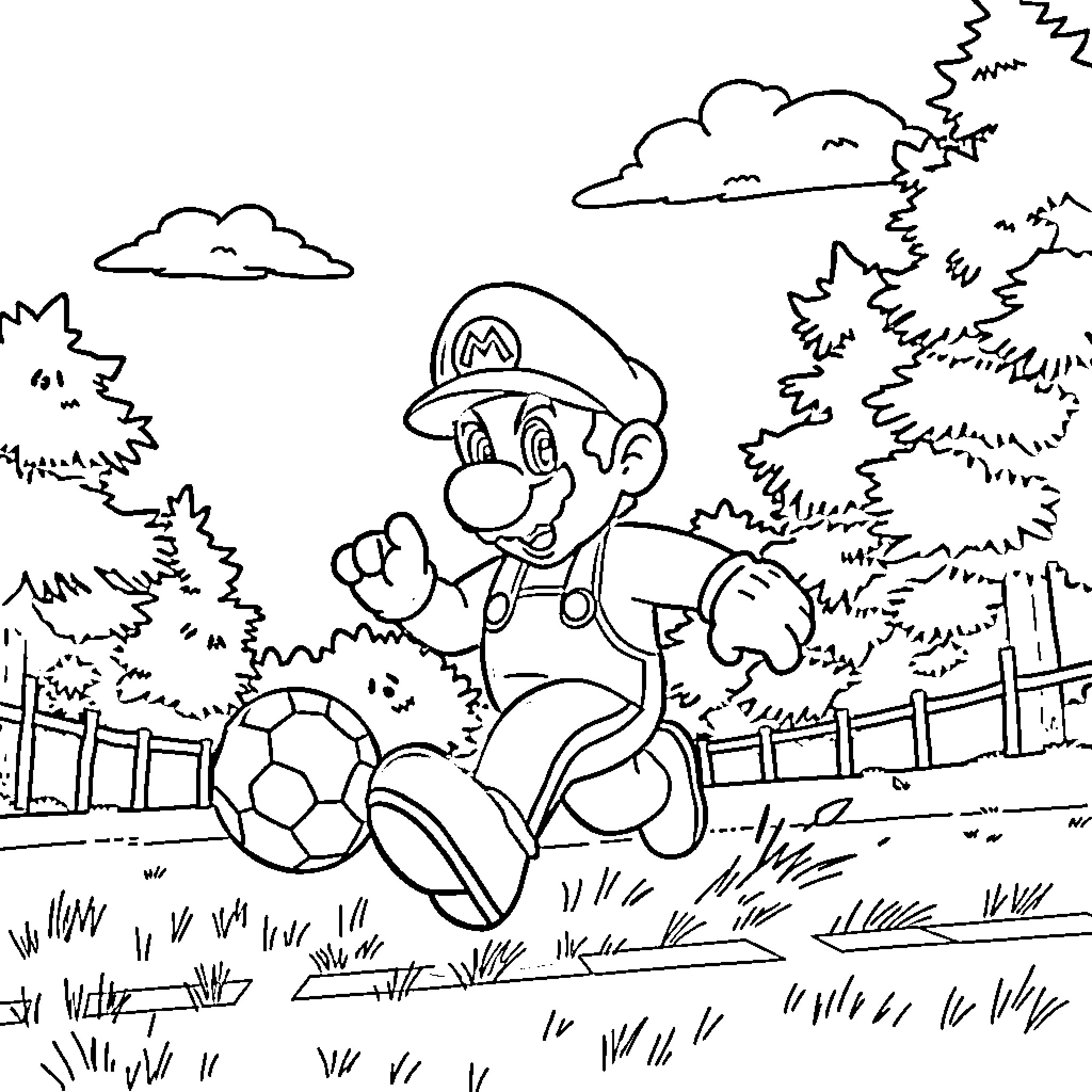 Mario playing with a soccer ball in an outdoor setting Coloring Page (free black-and-white line drawing printable PDF for all, from beginners to advanced learners, including children, teens, adults, and seniors)