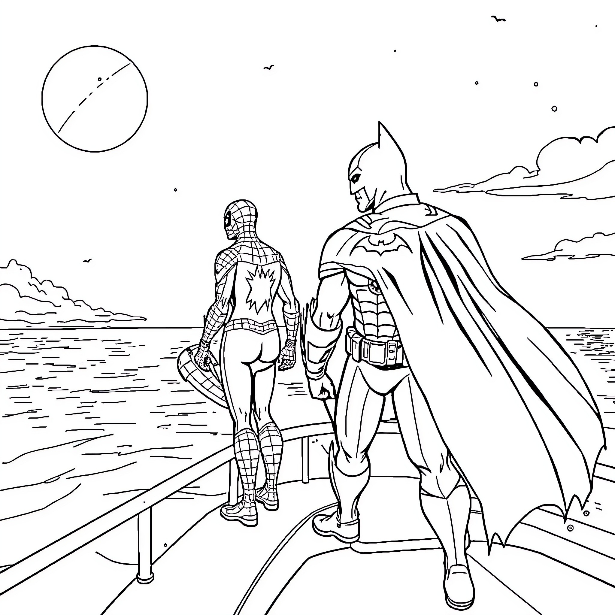 Spiderman and Batman team up for a night patrol Coloring Page (free black-and-white line drawing printable PDF for all, from beginners to advanced learners, including children, teens, adults, and seniors)