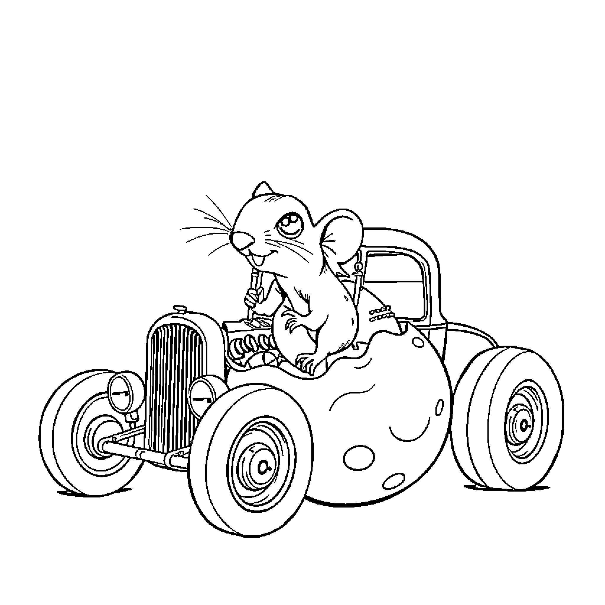 Rat driving a vintage car Coloring Page (free black-and-white line drawing printable PDF for all, from beginners to advanced learners, including children, teens, adults, and seniors)