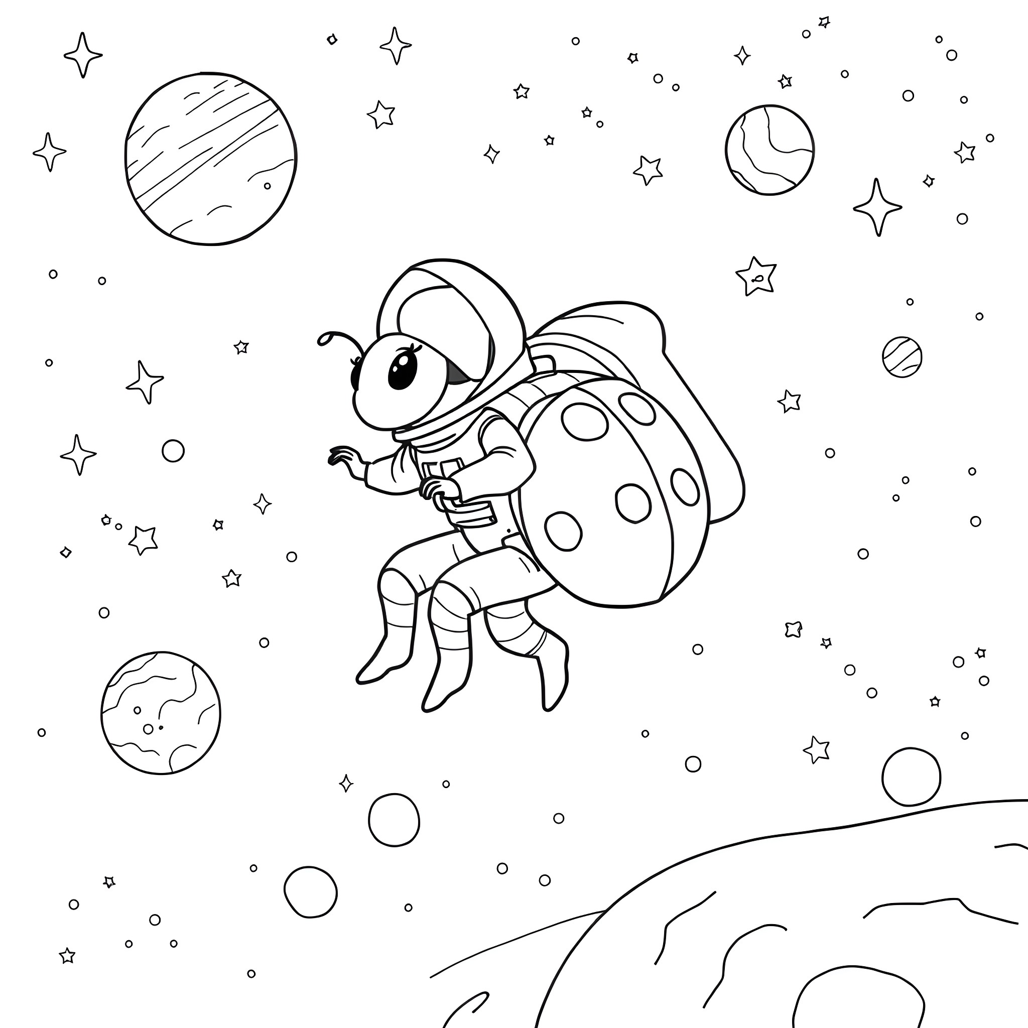 Ladybug exploring the galaxy Coloring Page (free black-and-white line drawing printable PDF for all, from beginners to advanced learners, including children, teens, adults, and seniors)