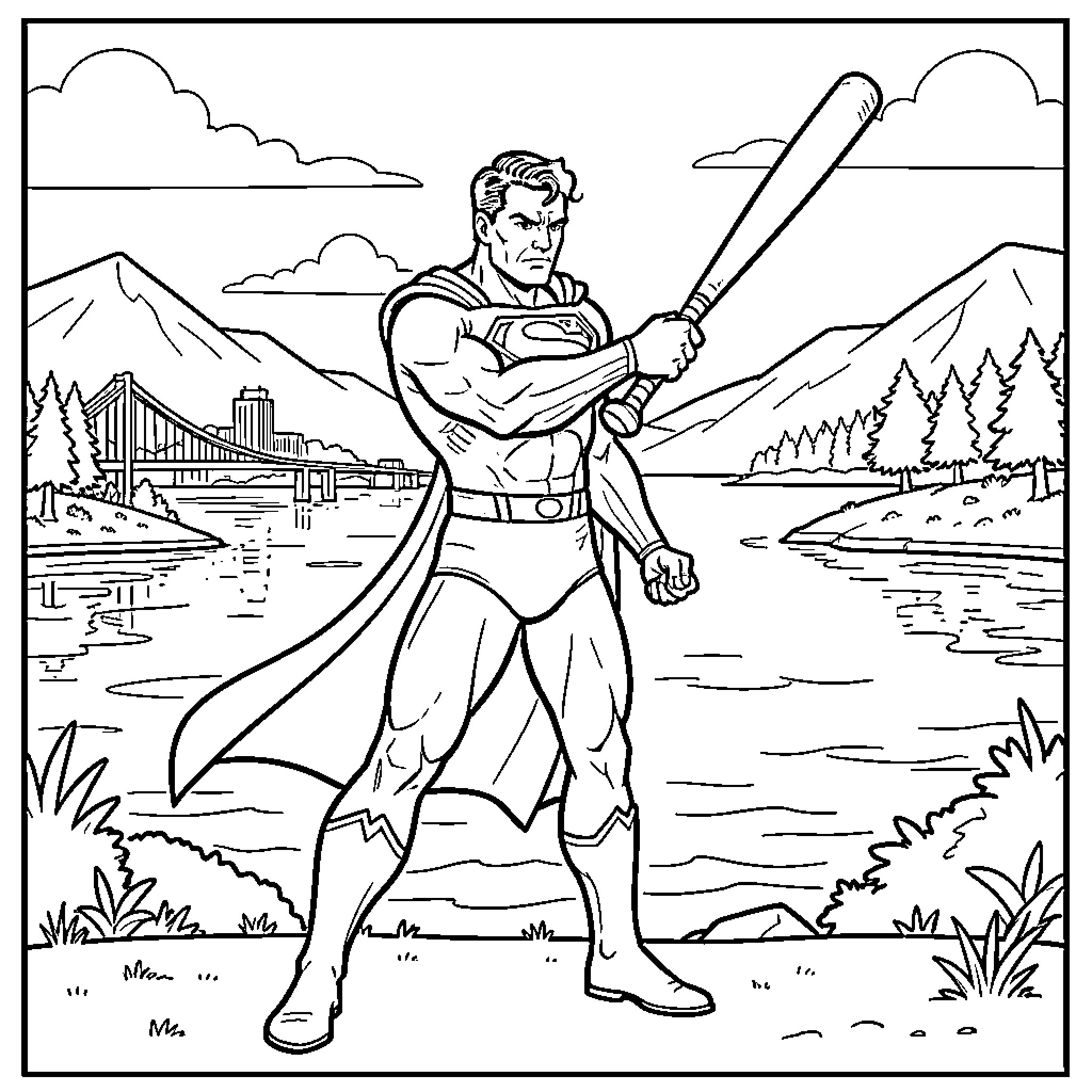 Superman standing heroically in a scenic landscape Coloring Page (free black-and-white line drawing printable PDF for all, from beginners to advanced learners, including children, teens, adults, and seniors)
