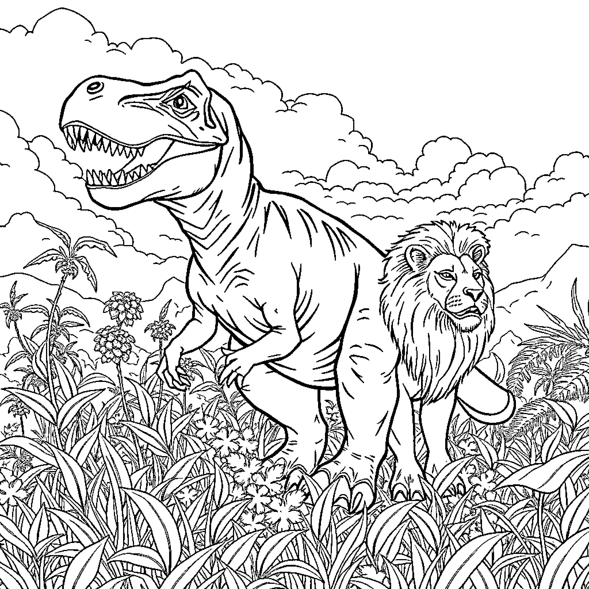 Dinosaur and Lion in Tropical Landscape Coloring Page (free black-and-white line drawing printable PDF for all, from beginners to advanced learners, including children, teens, adults, and seniors)